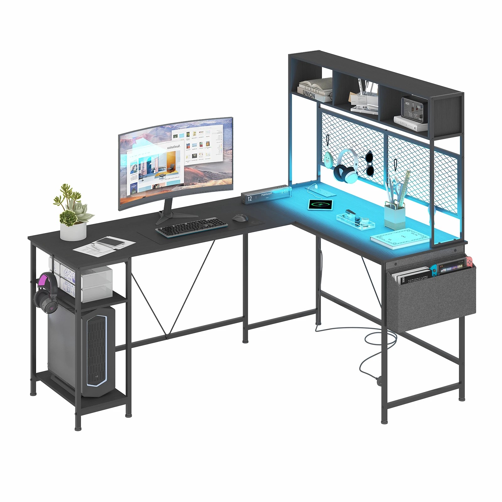 4 Advwin L Shaped Gaming Desk with LED Lights & Power Outlets Reversible Computer Desk with Storage Shelf - Black, 4 of 7