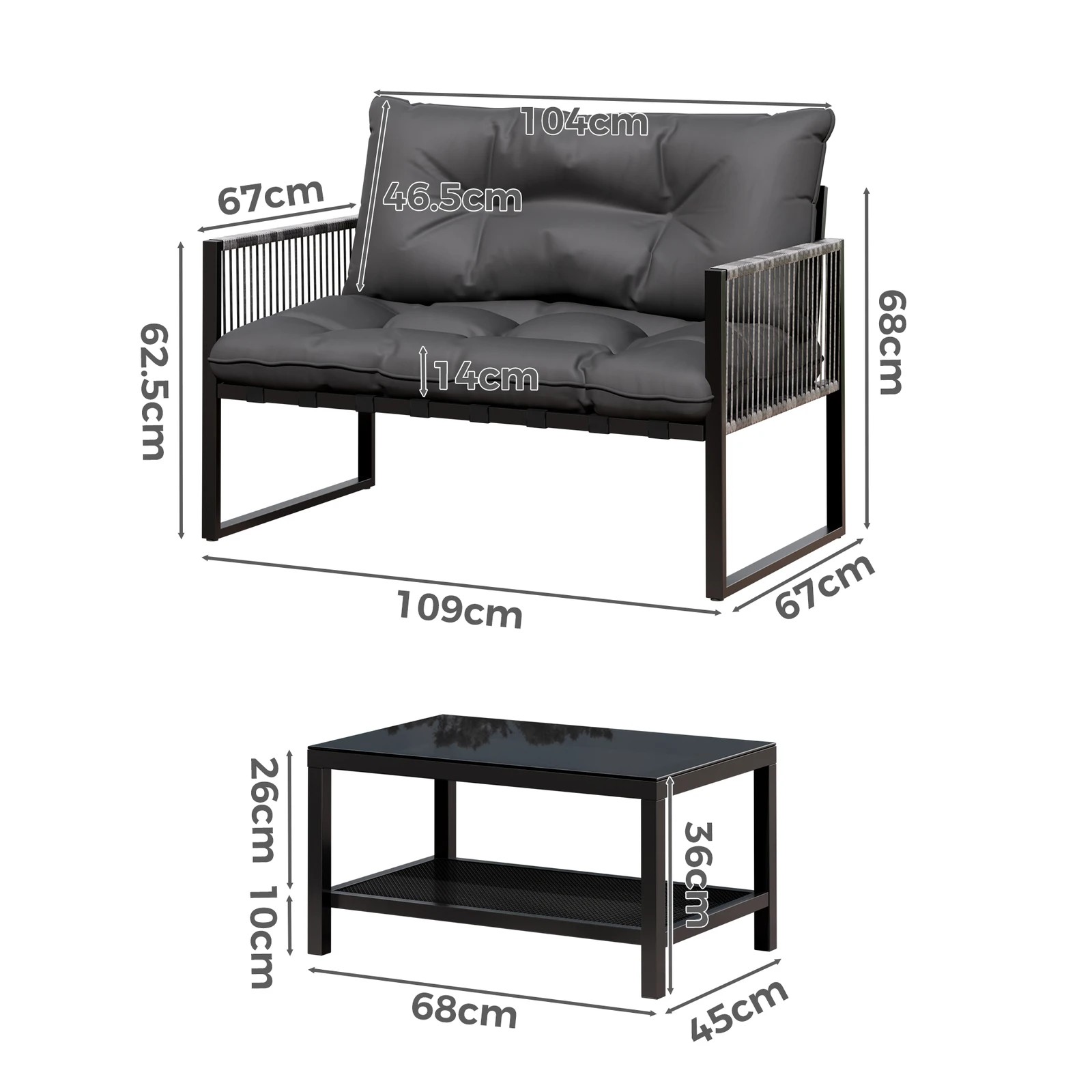 5 Alfordson 2PCS Outdoor Lounge Sofa Set Wicker Furniture Table and Chairs Garden - Black Grey, 5 of 9