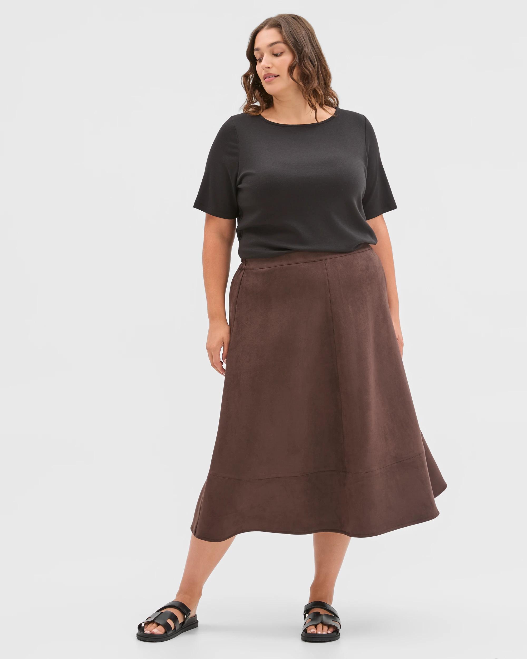 1 Target Curve Plus Size Faux Suede A-Line Midi Skirt CHOCOLATE, 1 of 5