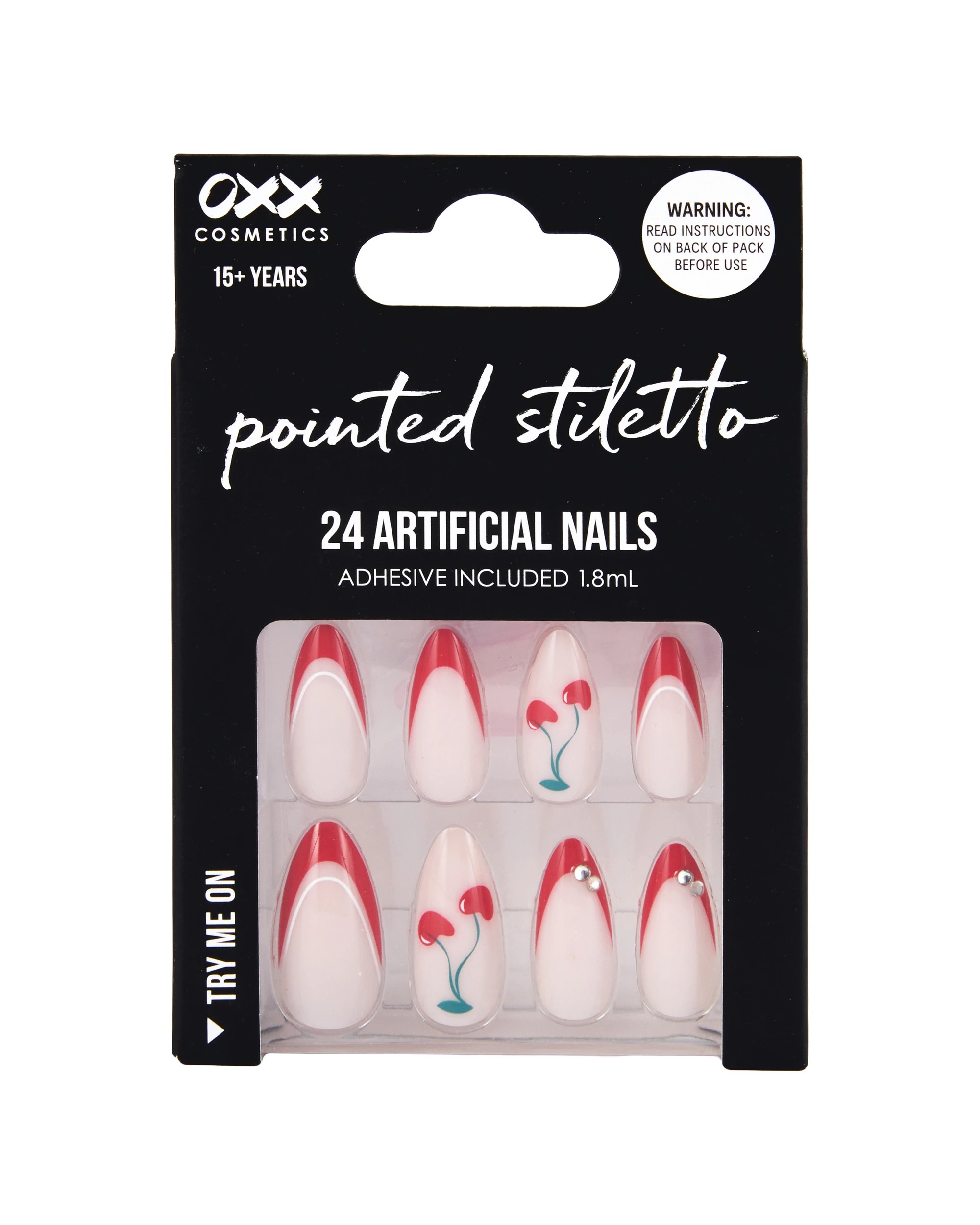 1 OXX Cosmetics 24 Pack Artificial Nails with Adhesive - Pointed Stiletto Shape, Cherry, 1 of 4