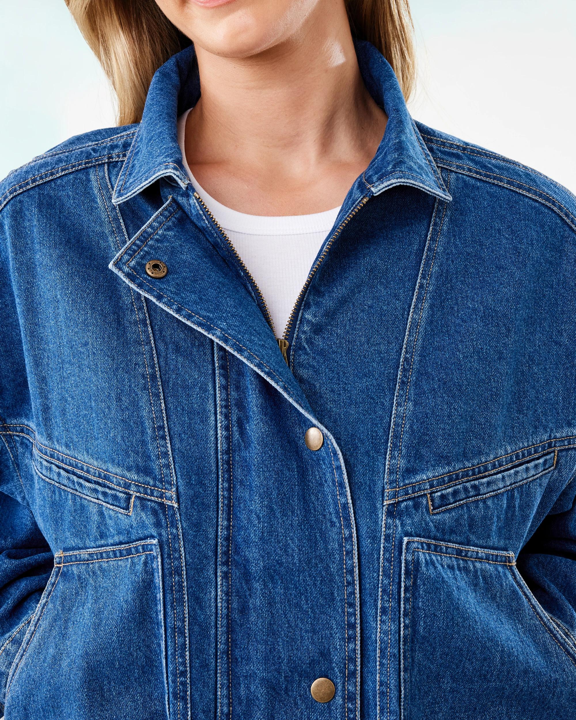 6 Oversized Denim Bomber Jacket Mid Wash, 6 of 7