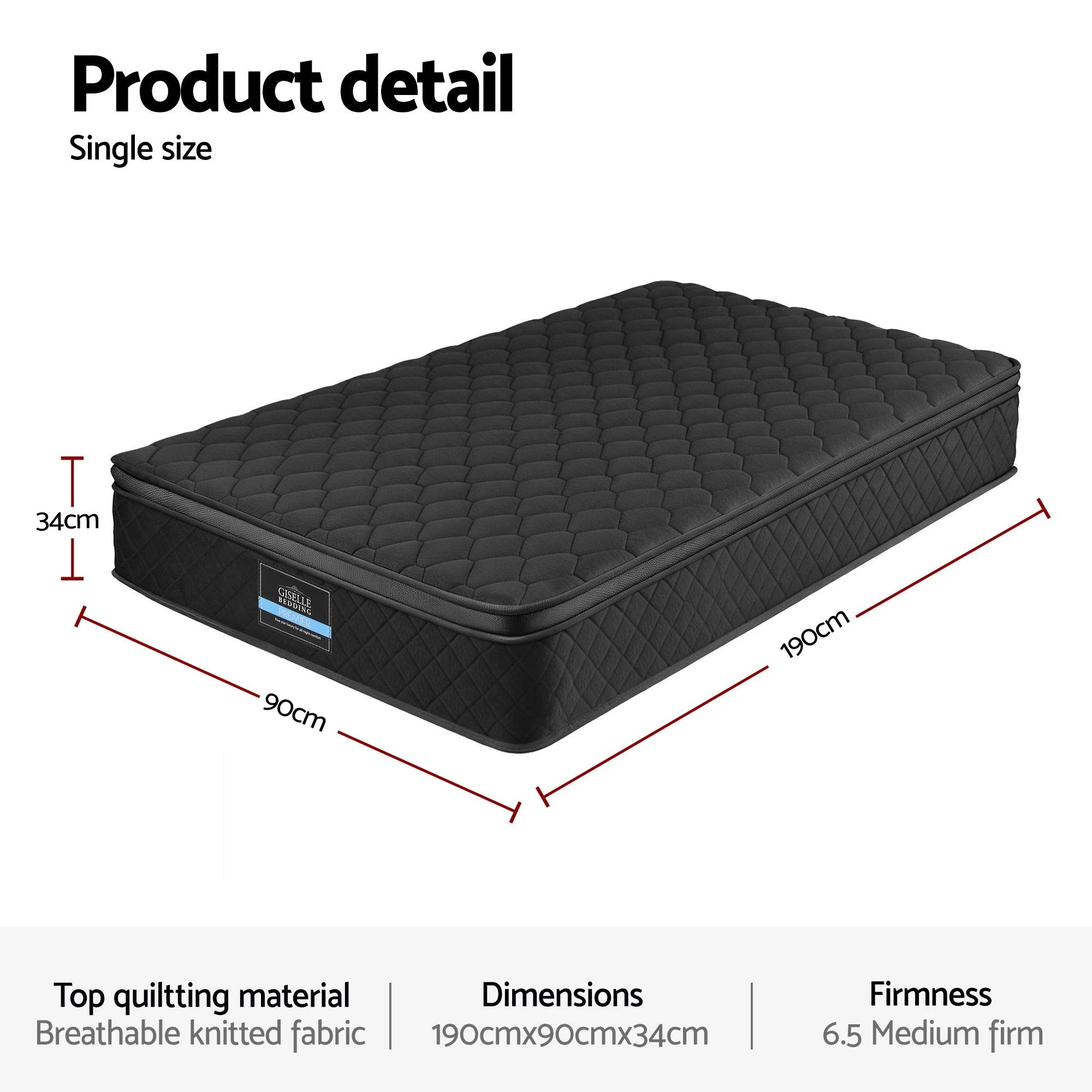 2 Giselle Bedding Single Mattress 34cm Euro Top with 5-Zone Pocket Spring Support - Single Bed - Single Bed - Black, 2 of 3