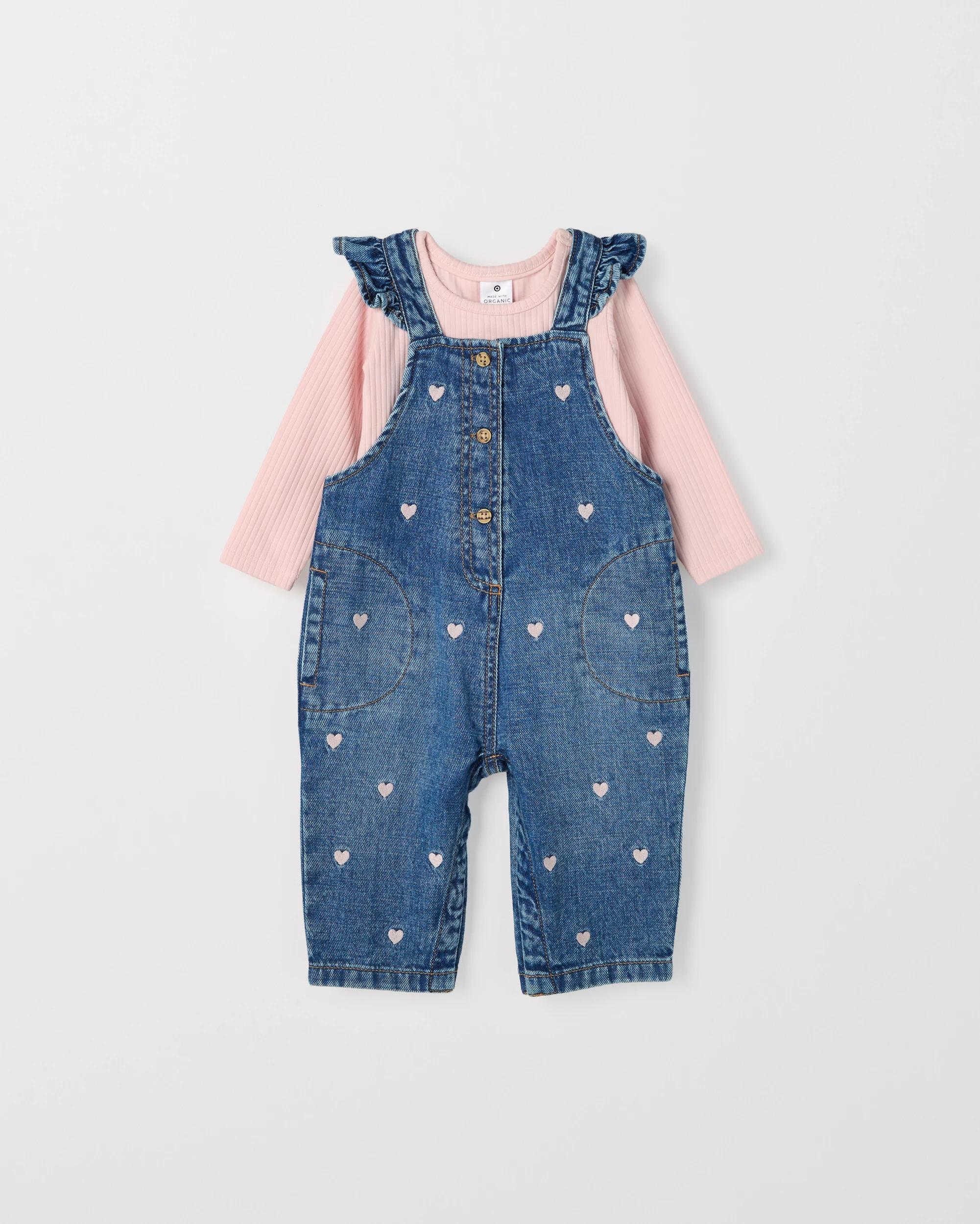 1 Target Baby Embroidered Denim Dungaree Set HEART VINTAGE WASH, 1 of 3