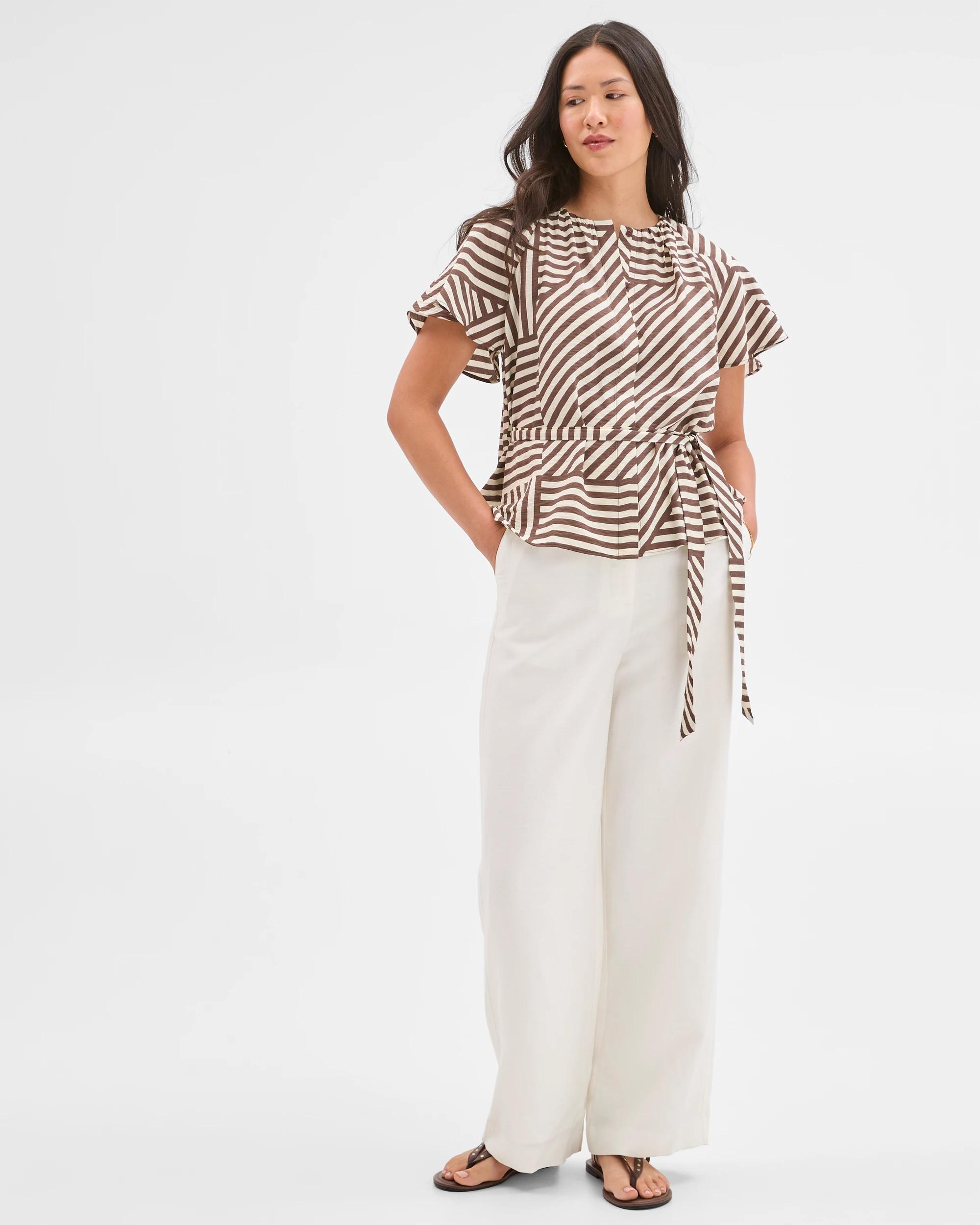 1 Preview Short Sleeve Belted Blouse GANACHE STRIPE, 1 of 7