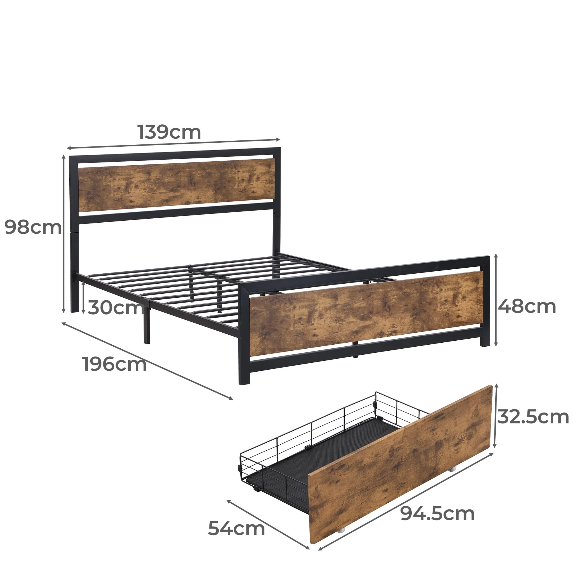 3 Levede Double Size Industrial Metal Bed Frame With 4 Drawers, 3 of 4