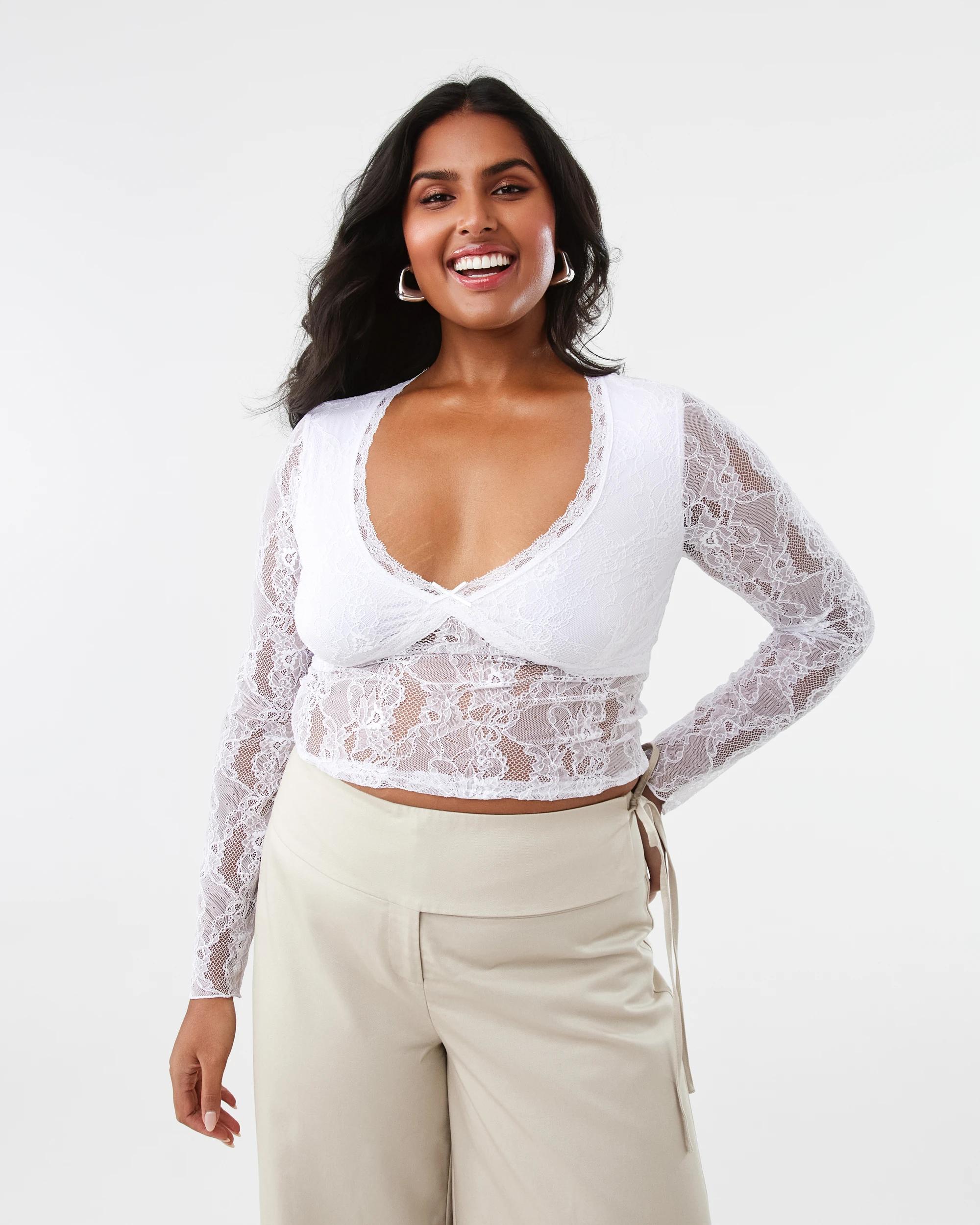 3 Long Sleeve Lace V-Neck Top White, 3 of 9