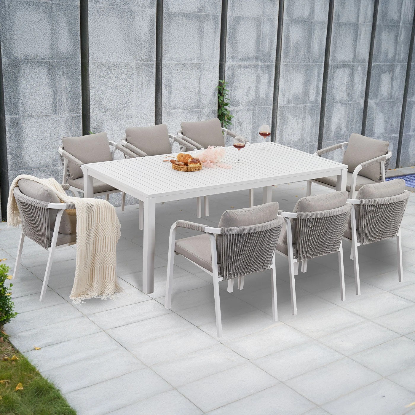 2 Moda Living La Perouse 9-Piece White Aluminium Outdoor Dining Set - Light Beige Cushion - White, 2 of 10