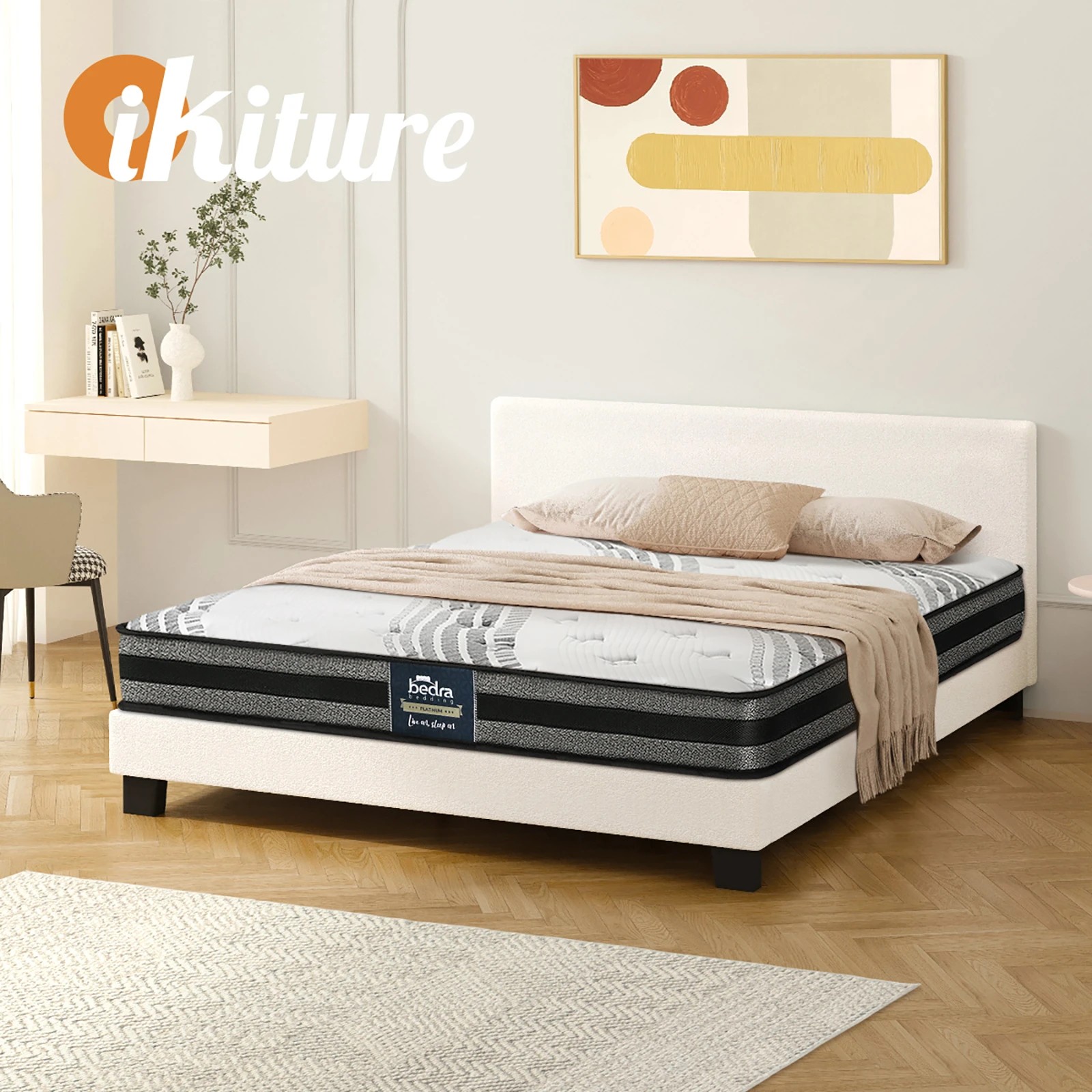 7 Oikiture Double Bed Frame With Mattress Set
 - White, 7 of 10