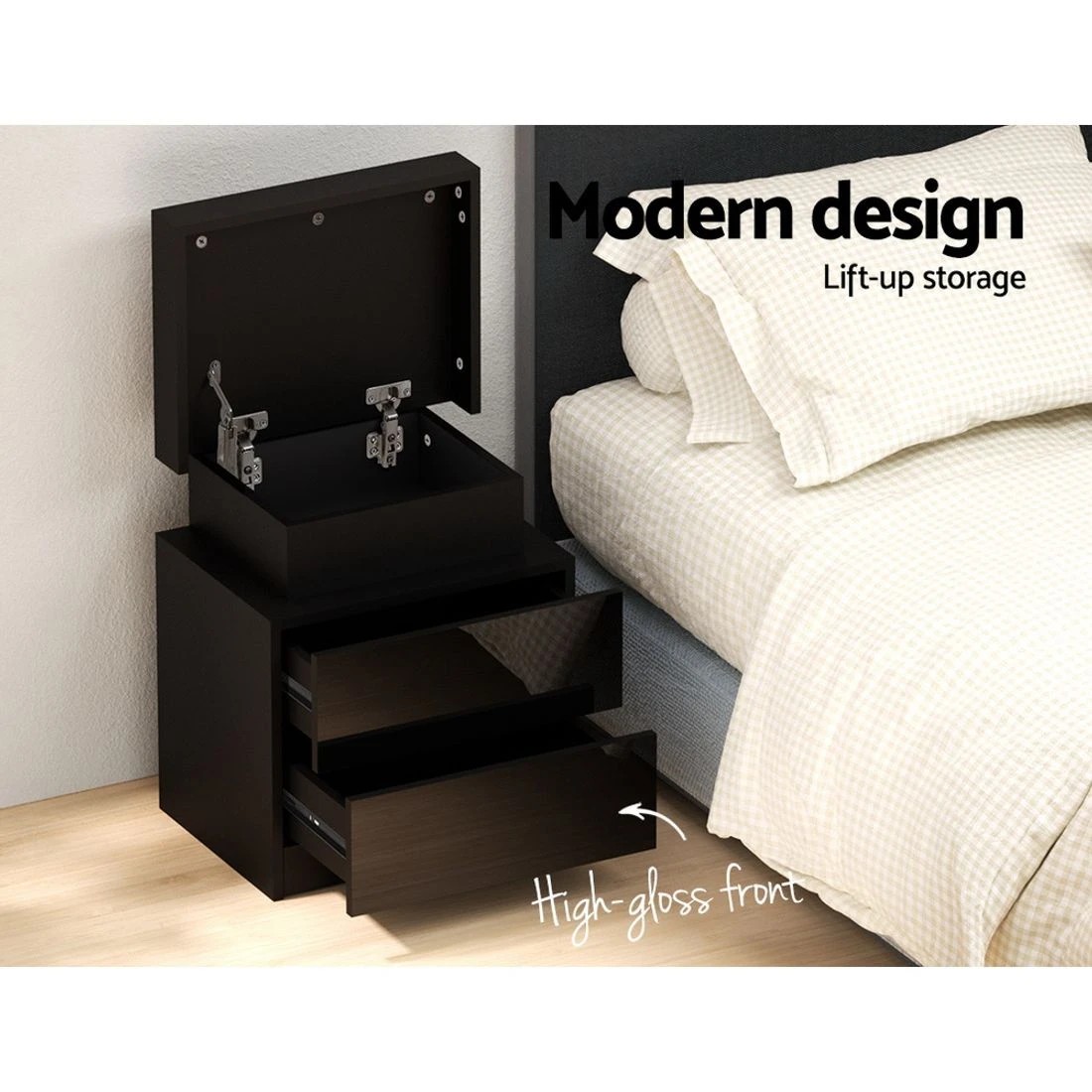 5 Artiss Bedside Table Led 2 Drawers Lift-up Storage
 - Black, 5 of 7