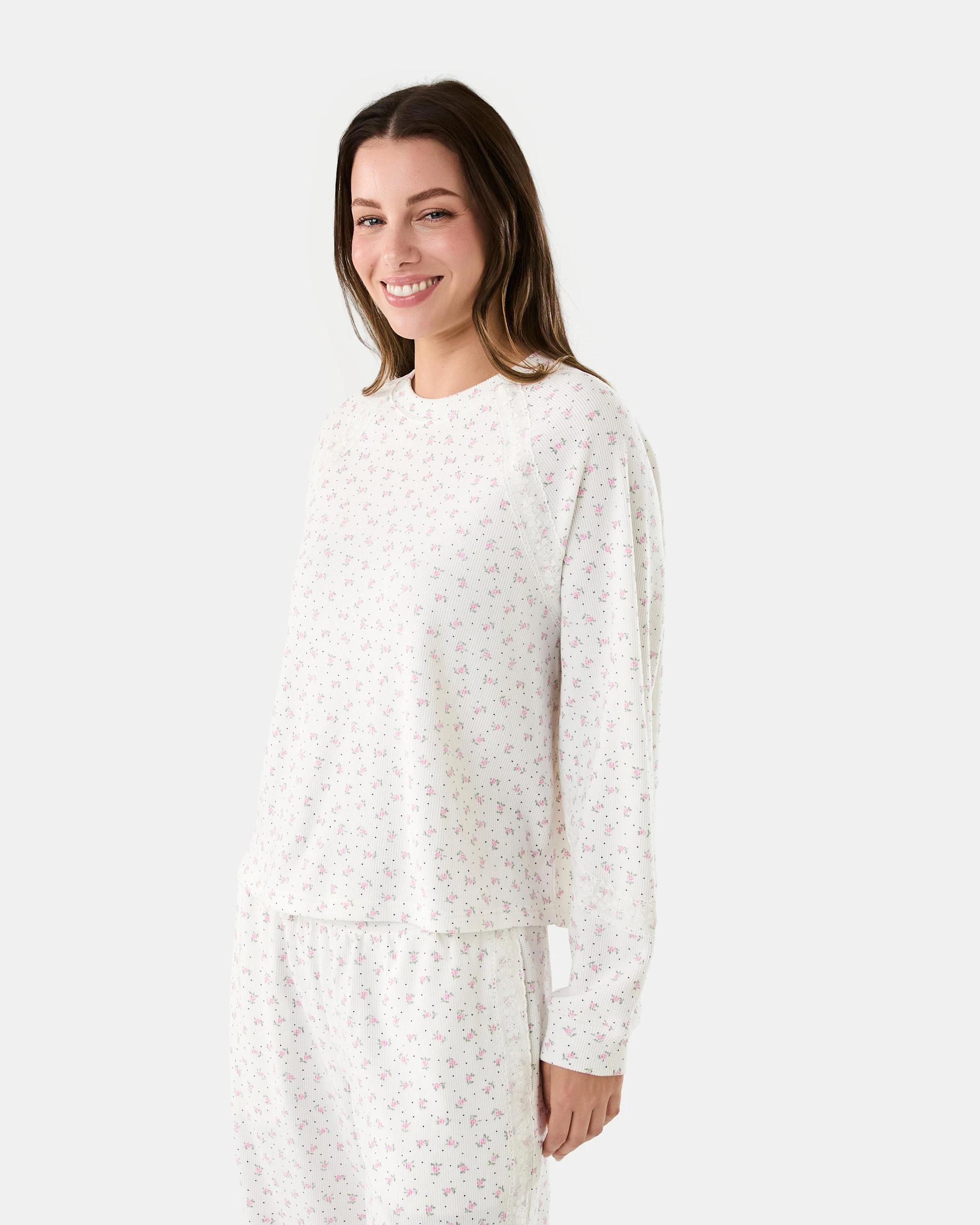 2 Long Sleeve Waffle Lace Lounge Top Rose Spot, 2 of 9
