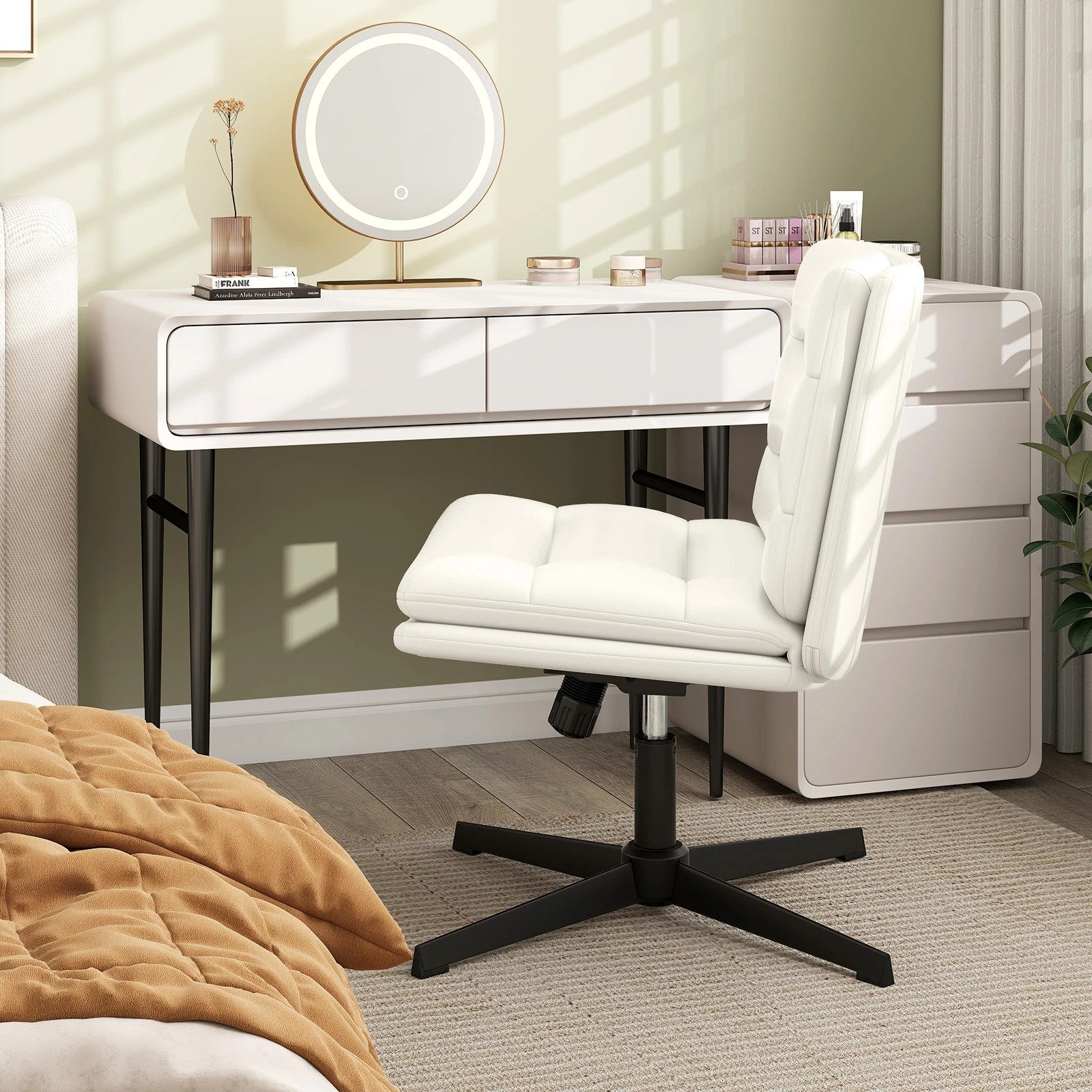 3 Costway Criss Cross Legged Chair PU Leather Home Office Computer Desk Chair Swivel Makeup Vanity Chair, 3 of 4