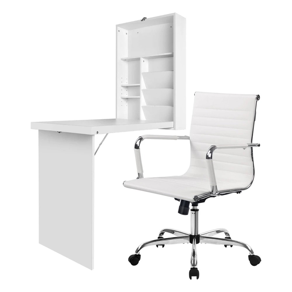1 Artiss Computer Desk Office Chair Set PU Leather Wall Mount Foldable Table - White, 1 of 7