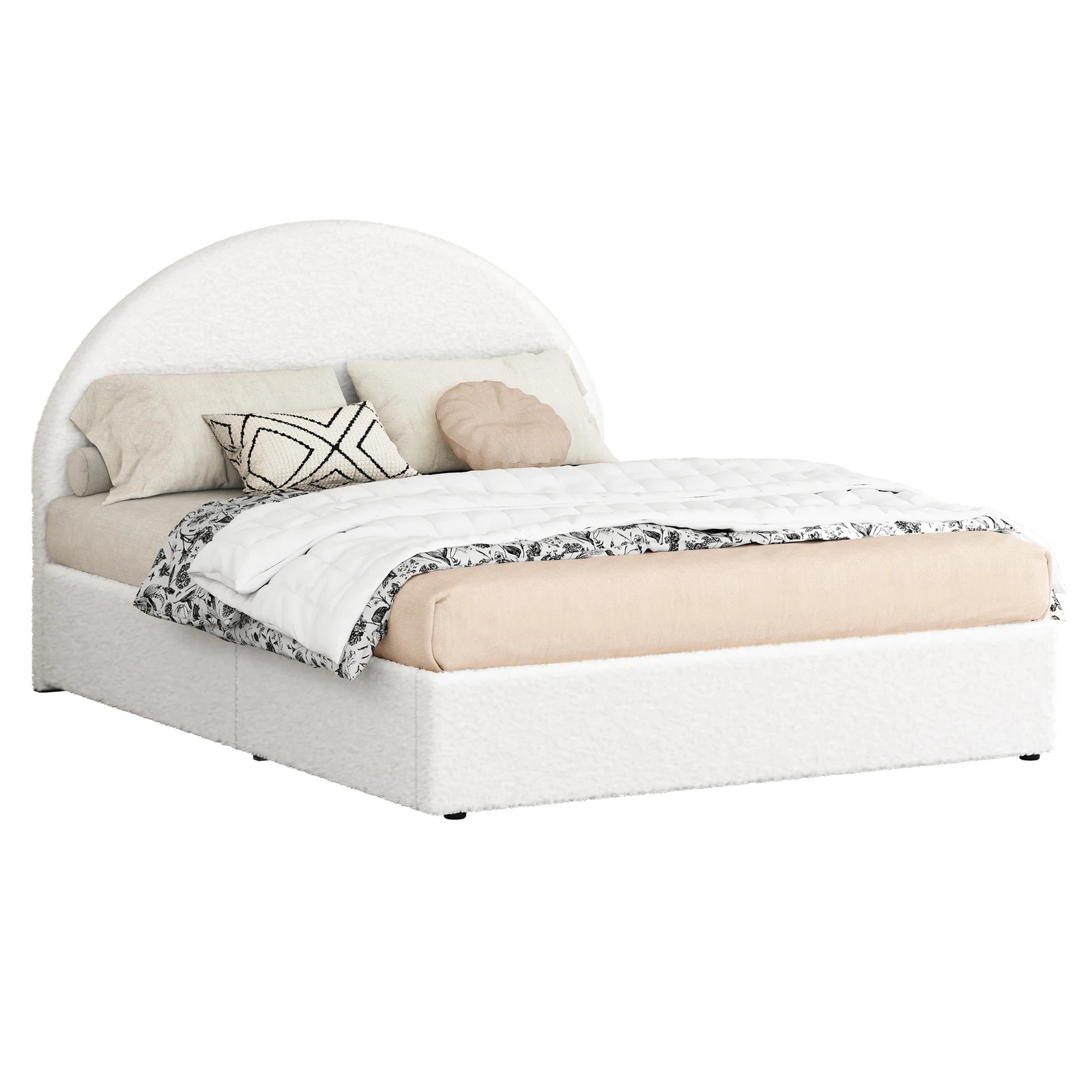 1 Alfordson Bed Frame Double Size Arched Base Gas Lift Storage Boucle Hoult - White, 1 of 10