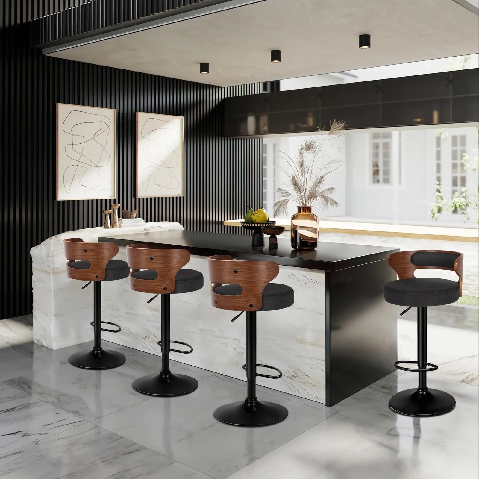 2 Alfordson 4x Bar Stool Kitchen Swivel Chair Wooden Linen Fabric Ramiro - Black, 2 of 10