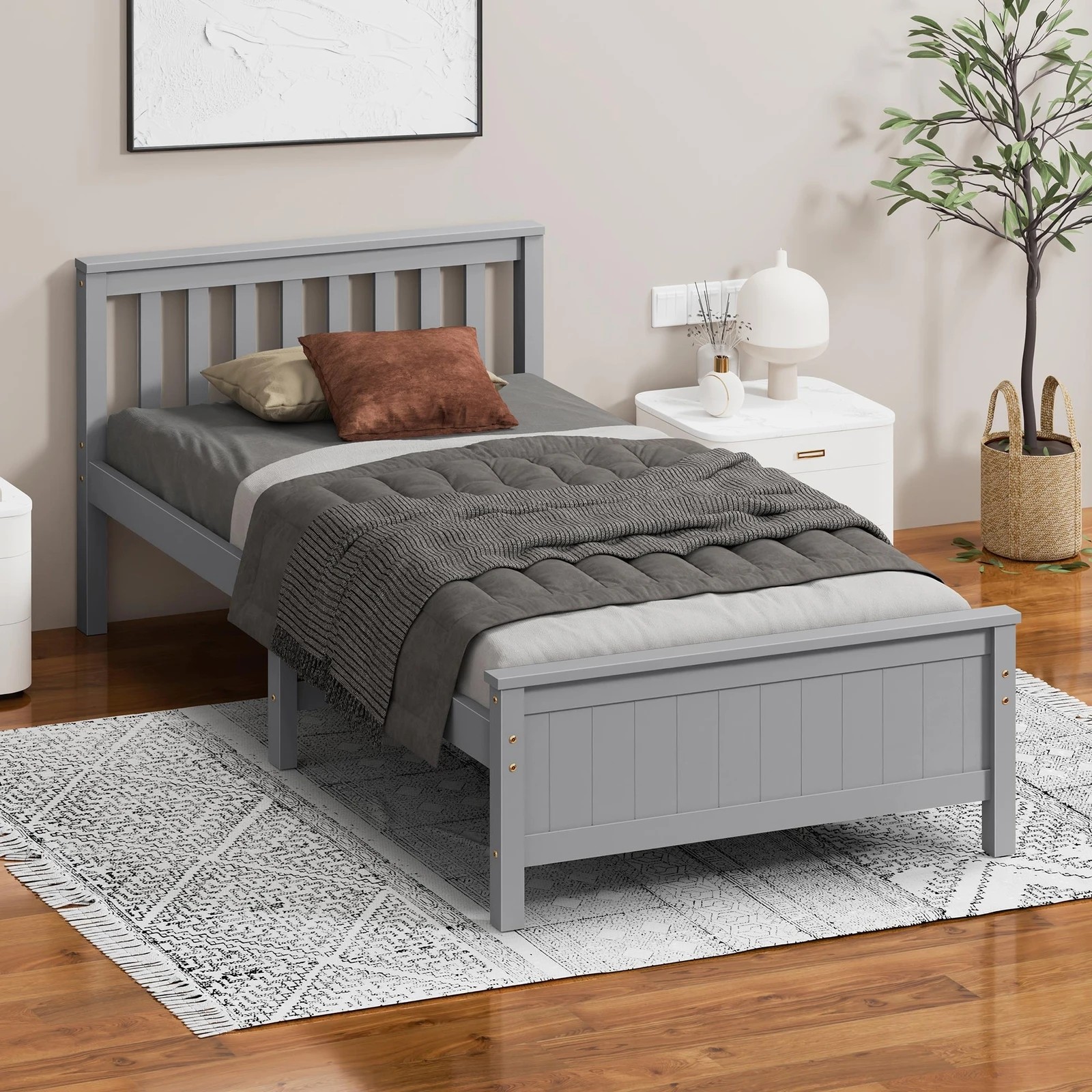 2 Alfordson Bed Frame Wooden King Single Slatted Headboard Timber Fabiano - Grey, 2 of 10