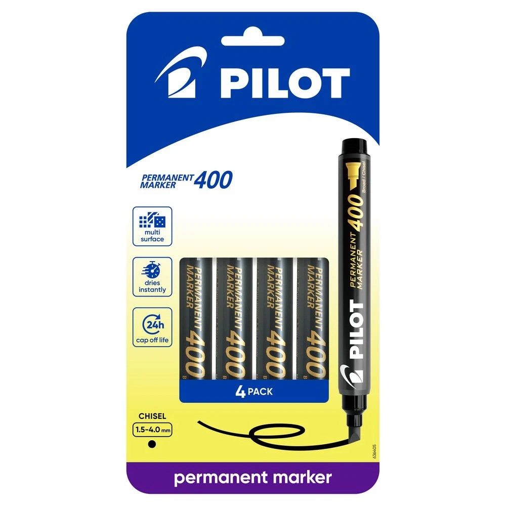 1 PILOT SCA400 Permanent Marker Chisel 1.5-4mm Black 4 Pack, 1 of 6