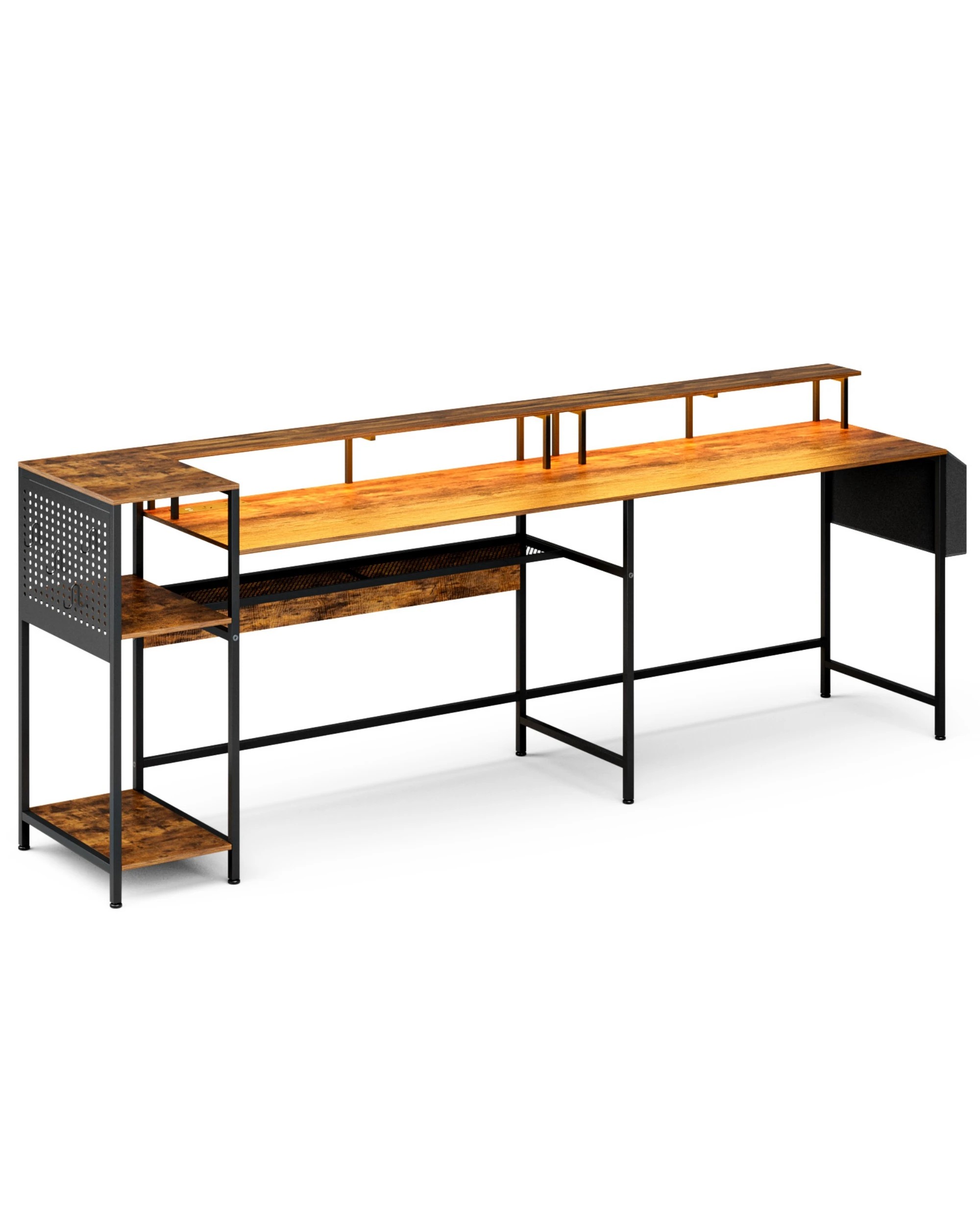 8 Advwin 150cm L Shaped Computer Desk w/ LED Lights & Power Outlets Convertible Gaming Desk  - Brown, 8 of 10