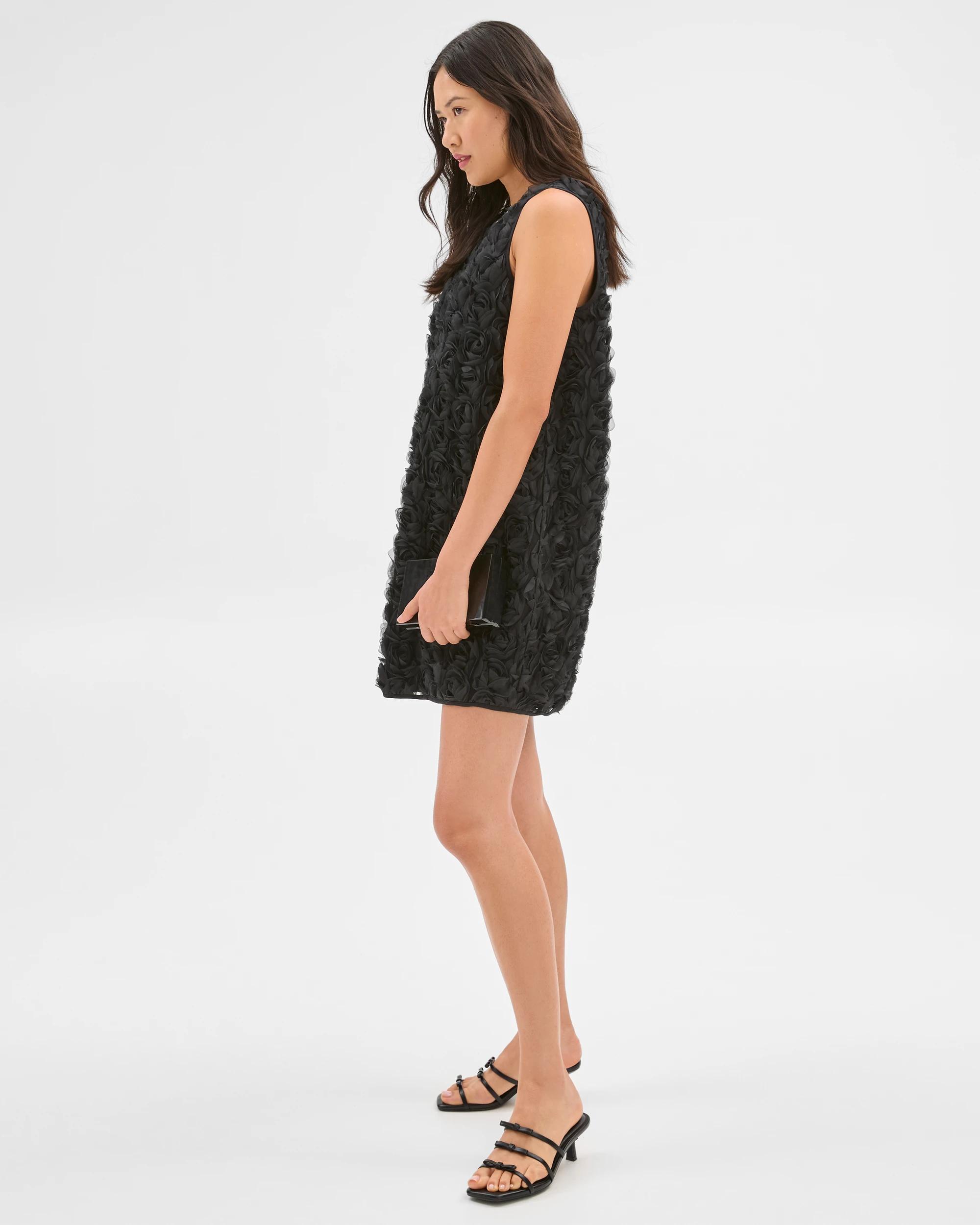 3 Sleeveless Rosette Mini Shift Dress - Preview BLACK, 3 of 6