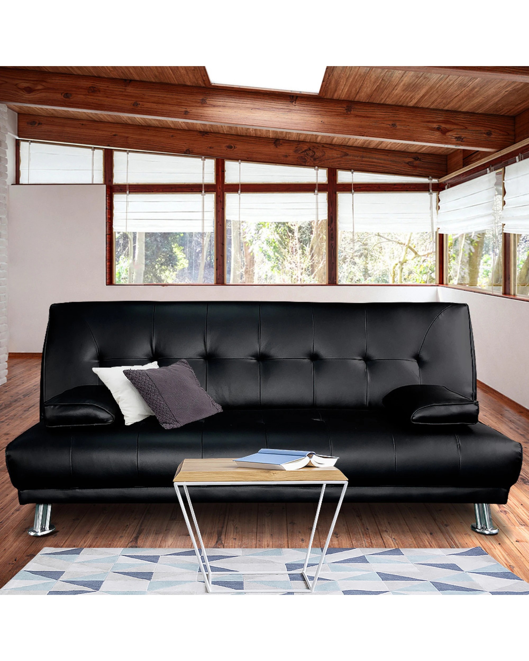 3 Sarantino 3 Seater Faux Leather Sofa Bed Couch Lounge Futon - Black, 3 of 5