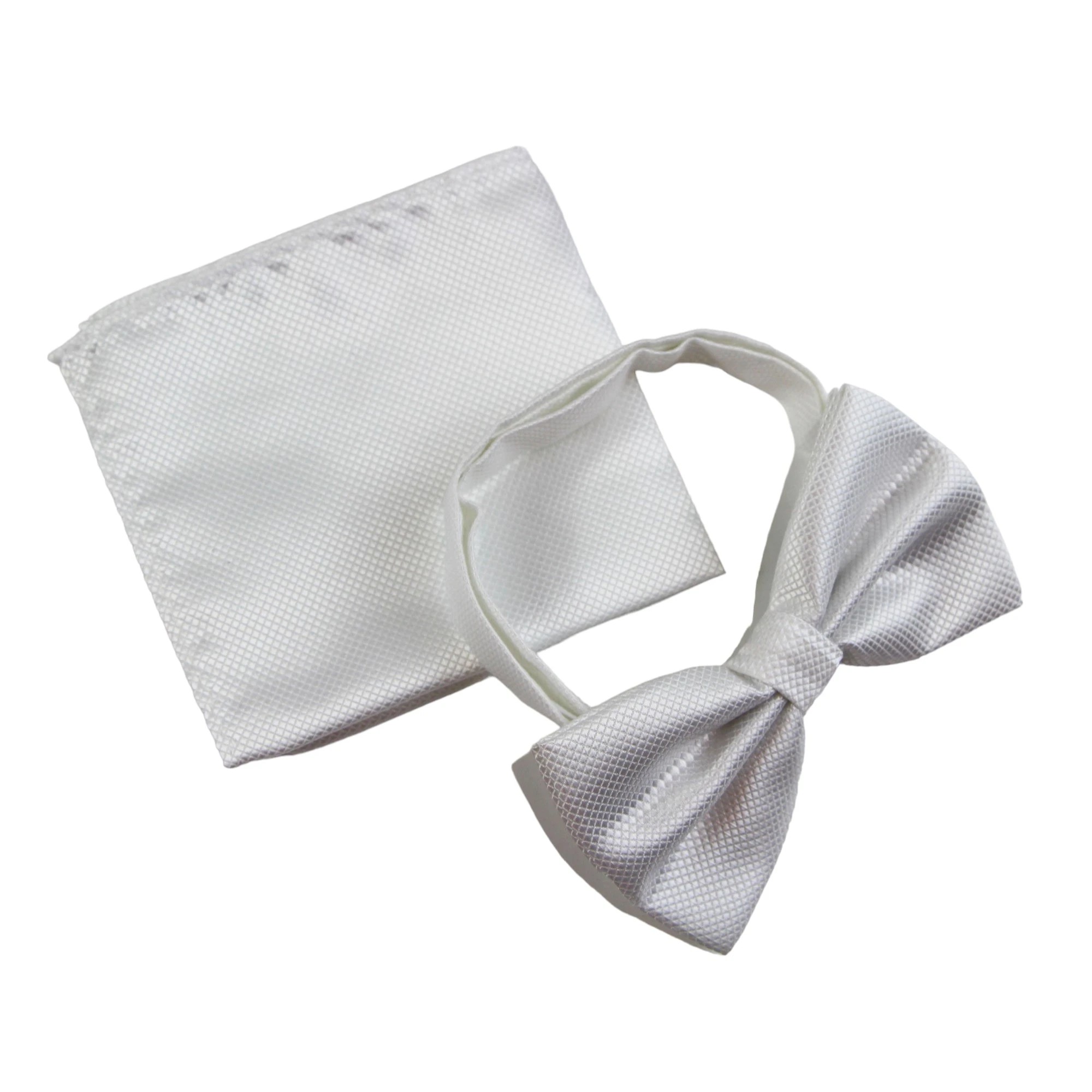4 Zasel Mens Plain Coloured Checkered Bow Tie & Matching Pocket Square Set - White - White, 4 of 4