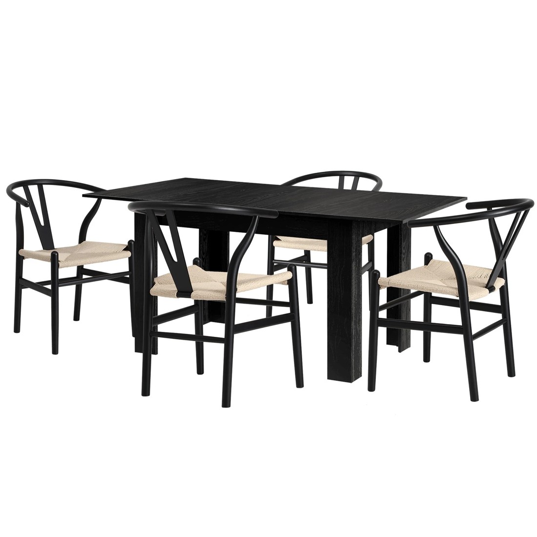 1 Oikiture 160cm Extendable Dining Table with 4x Hans Wegner Dining Chairs - Black, 1 of 9