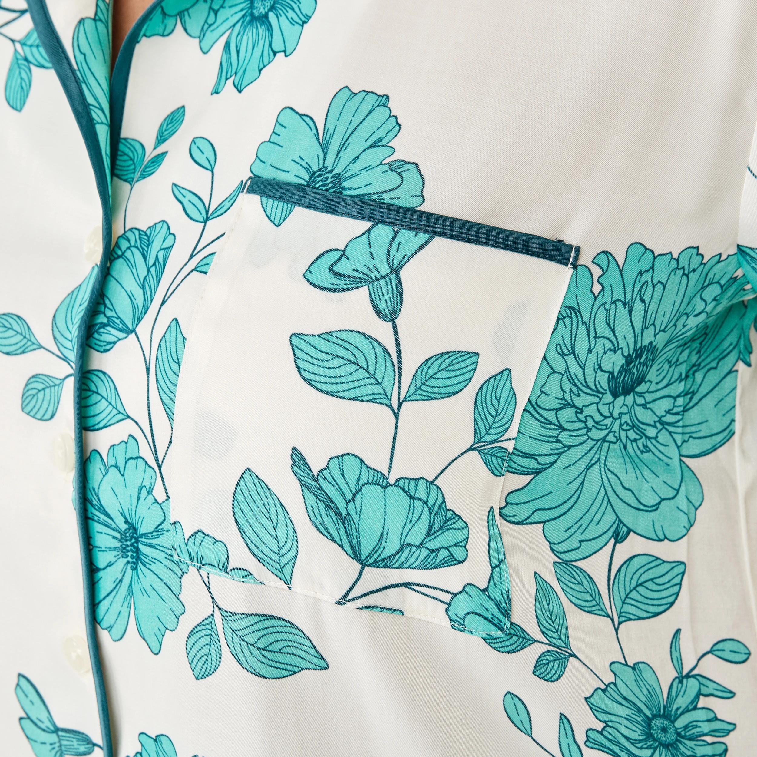6 Short Sleeve Top and Shorts Matte Satin Pyjama Set GREEN FLORAL DEEP MINT, 6 of 8