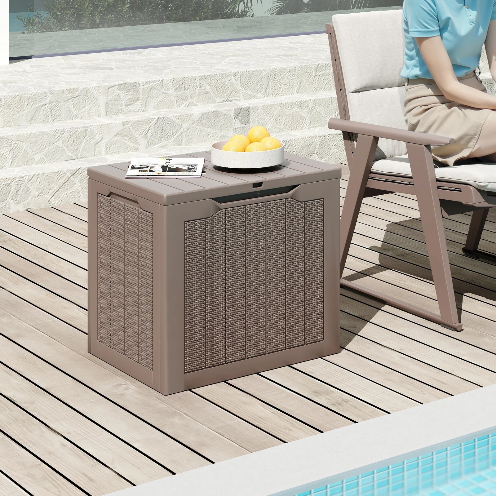 5 Costway 96L Outdoor Storage Box w/Lockable Lid Waterproof Patio Storage Bin - Brown, 5 of 6