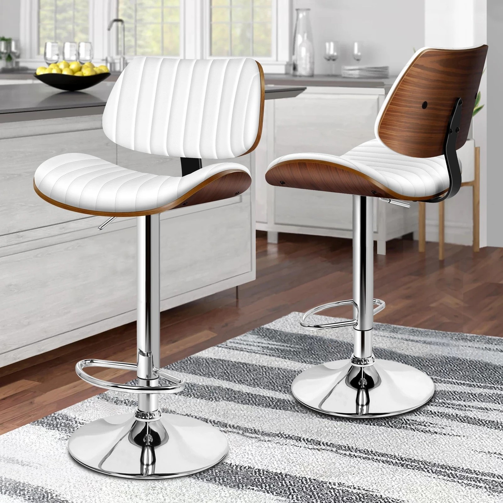8 Alfordson 1x Bar Stool Kitchen Swivel Chair Wooden Leather Gas Lift - White, 8 of 9