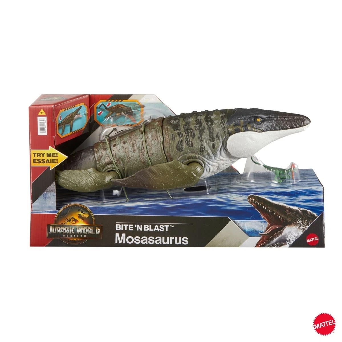 1 Jurassic World Rebirth Bite 'N Blast Mosasaurus Action Figure & Mini Dilophosaurus, 1 of 7