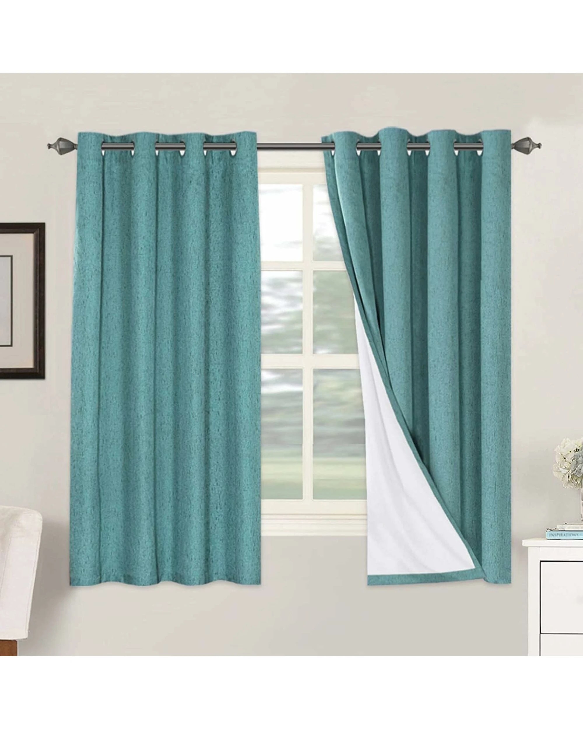 1 Smarcute Blockout Faux Linen Grommet Curtain - 2X 132x160cm - Blue, 1 of 5