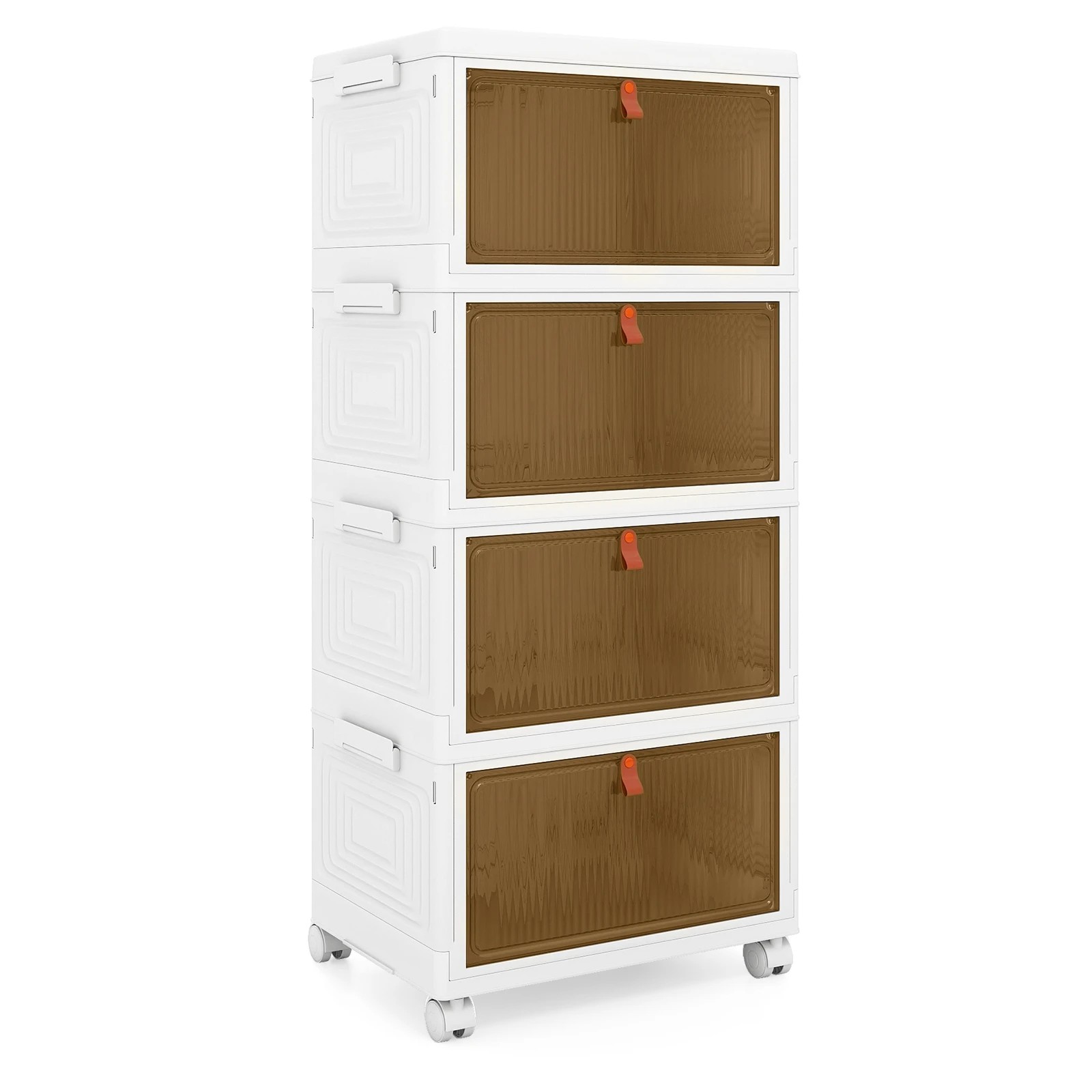 1 Costway 4-Tier Foldable Shoe Rack Mobile Organiser Closet Container Stackable Storage Bins w/Lid - White, 1 of 5