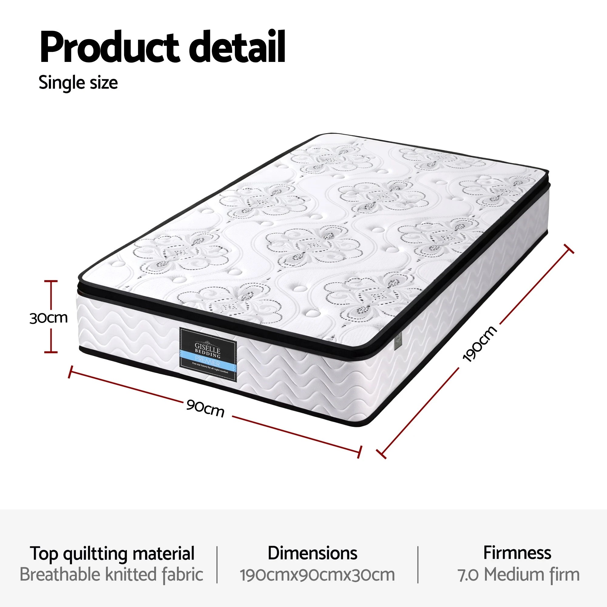 2 Giselle Bedding Single Mattress 30cm Pocket Spring Euro Top Medium Firm Foam - Single Bed - White, 2 of 3