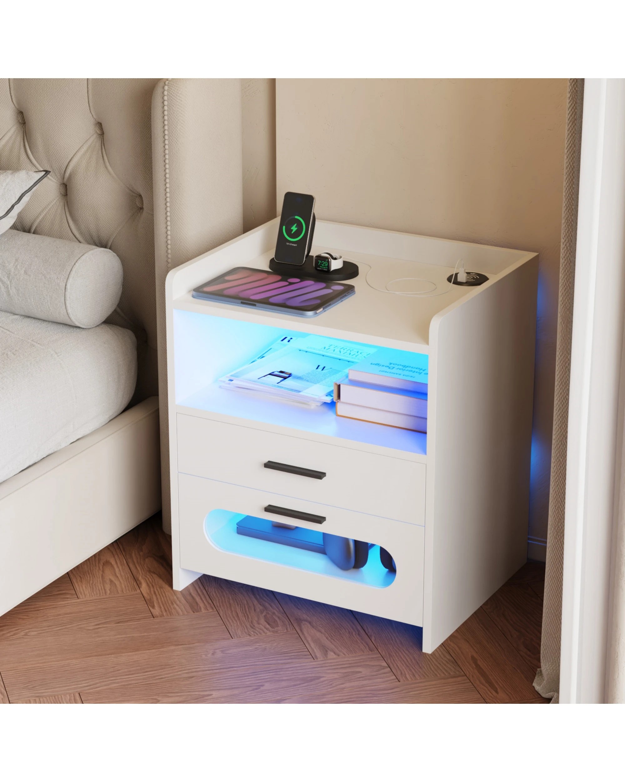 4 Advwin Set of 2 Bedside Table Wireless Charging Station Led Lights 2 Drawers - White, 4 of 7