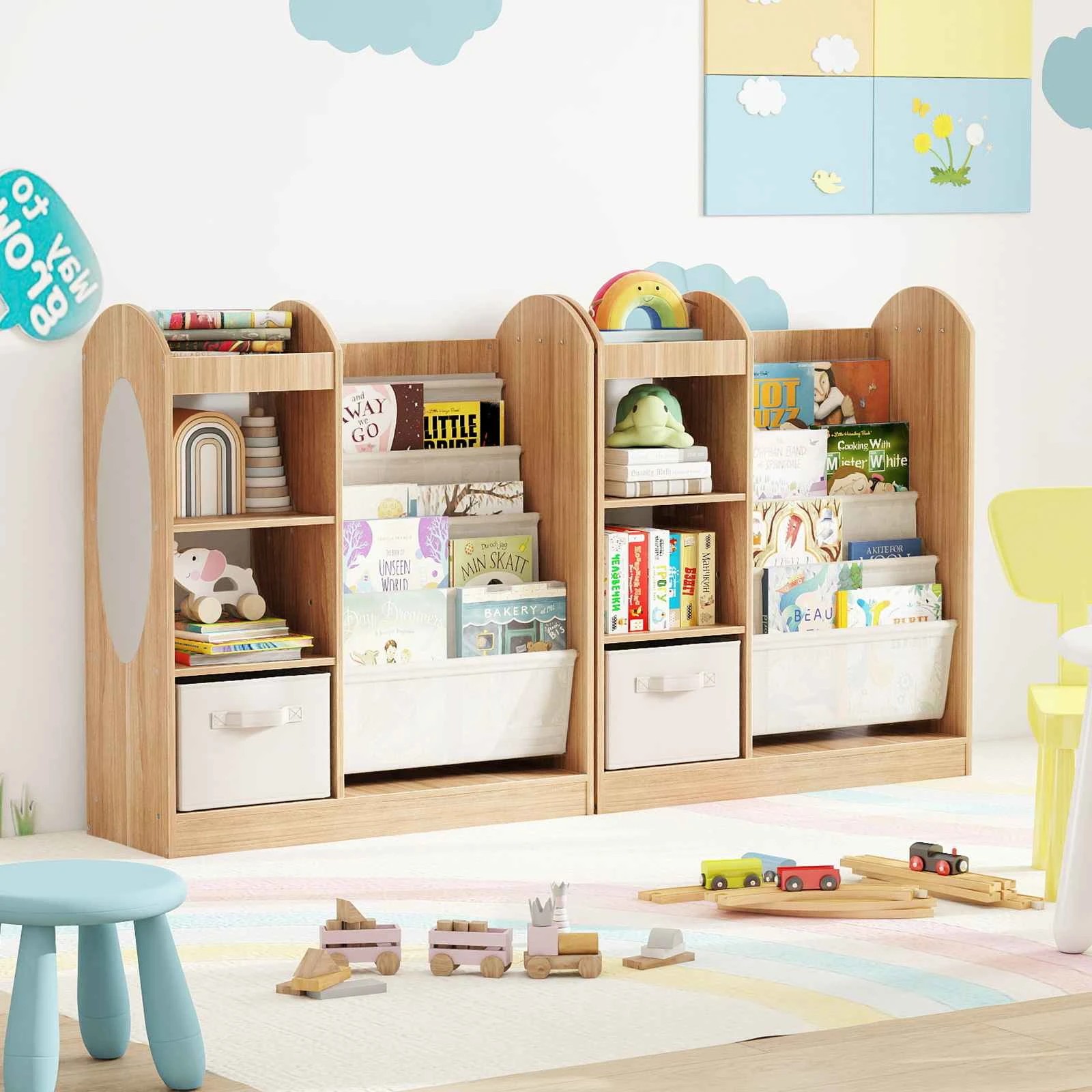 2 Costway Bookshelf Toy Storage Organizer w/Mirror - Natural, 2 of 3