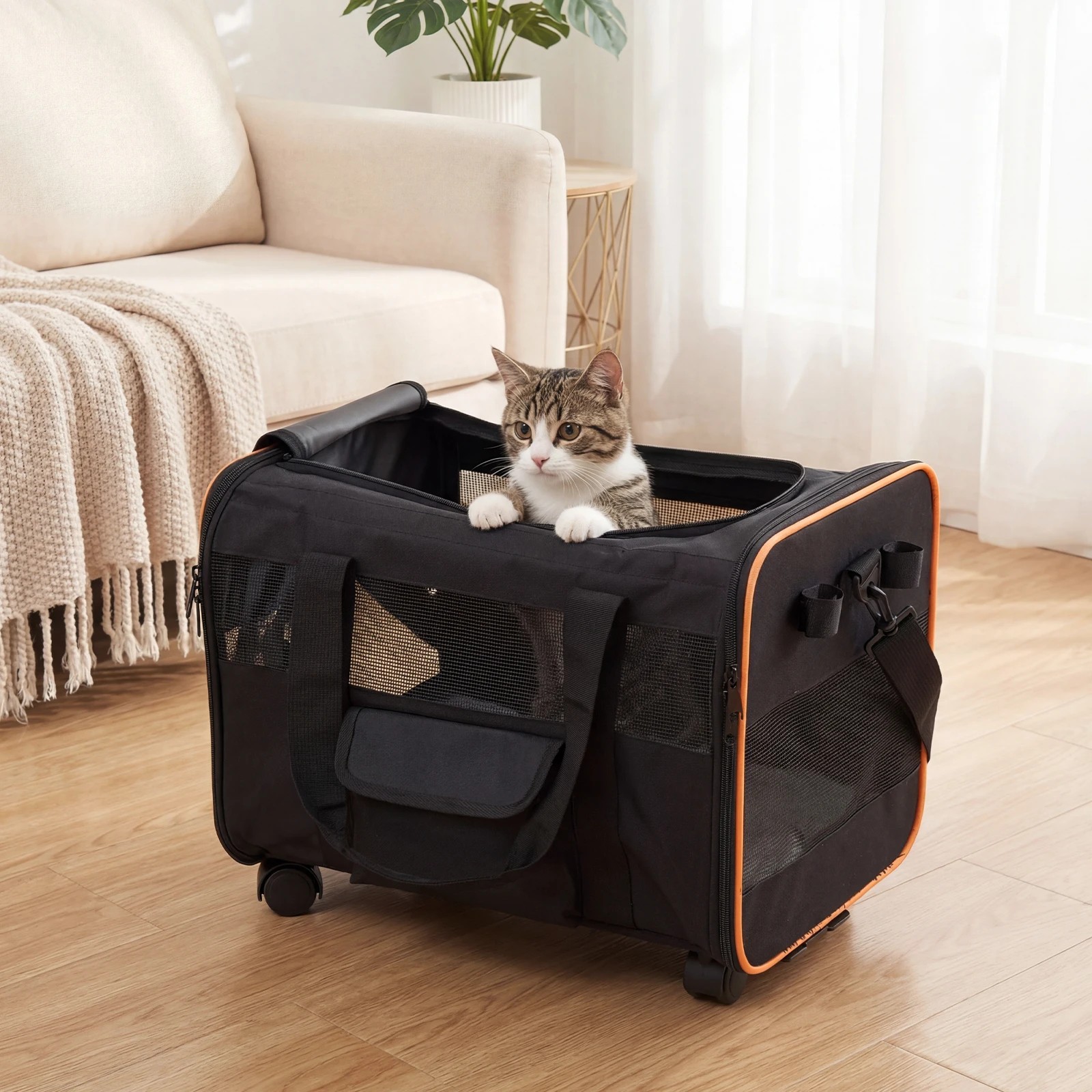 4 Costway Rolling Pet Carrier Foldable Soft-sided Dog Travel Crate w/Telescopic Handle, 4 of 5