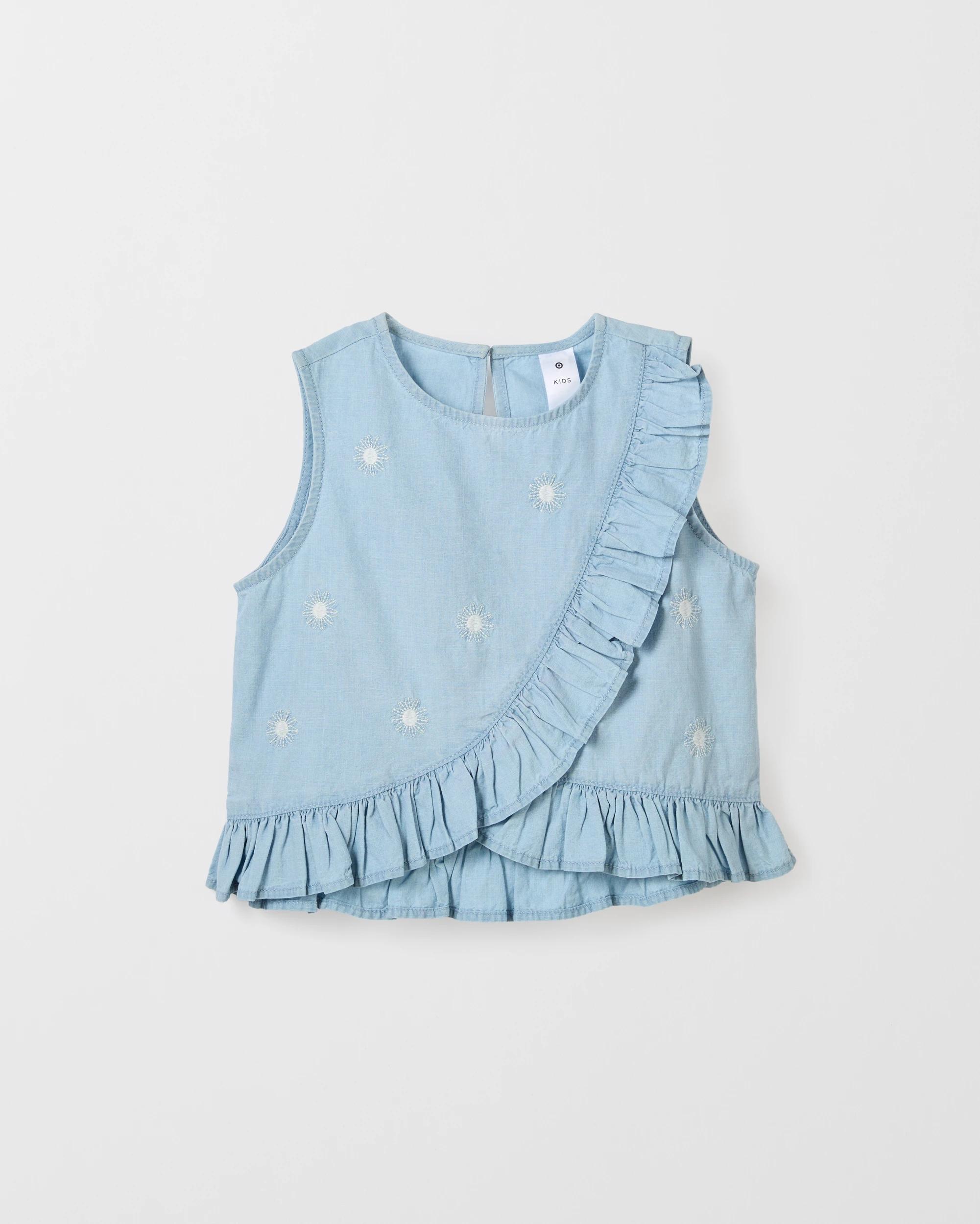 6 Target Woven Cross Front Frill Top MID WASH, 6 of 8