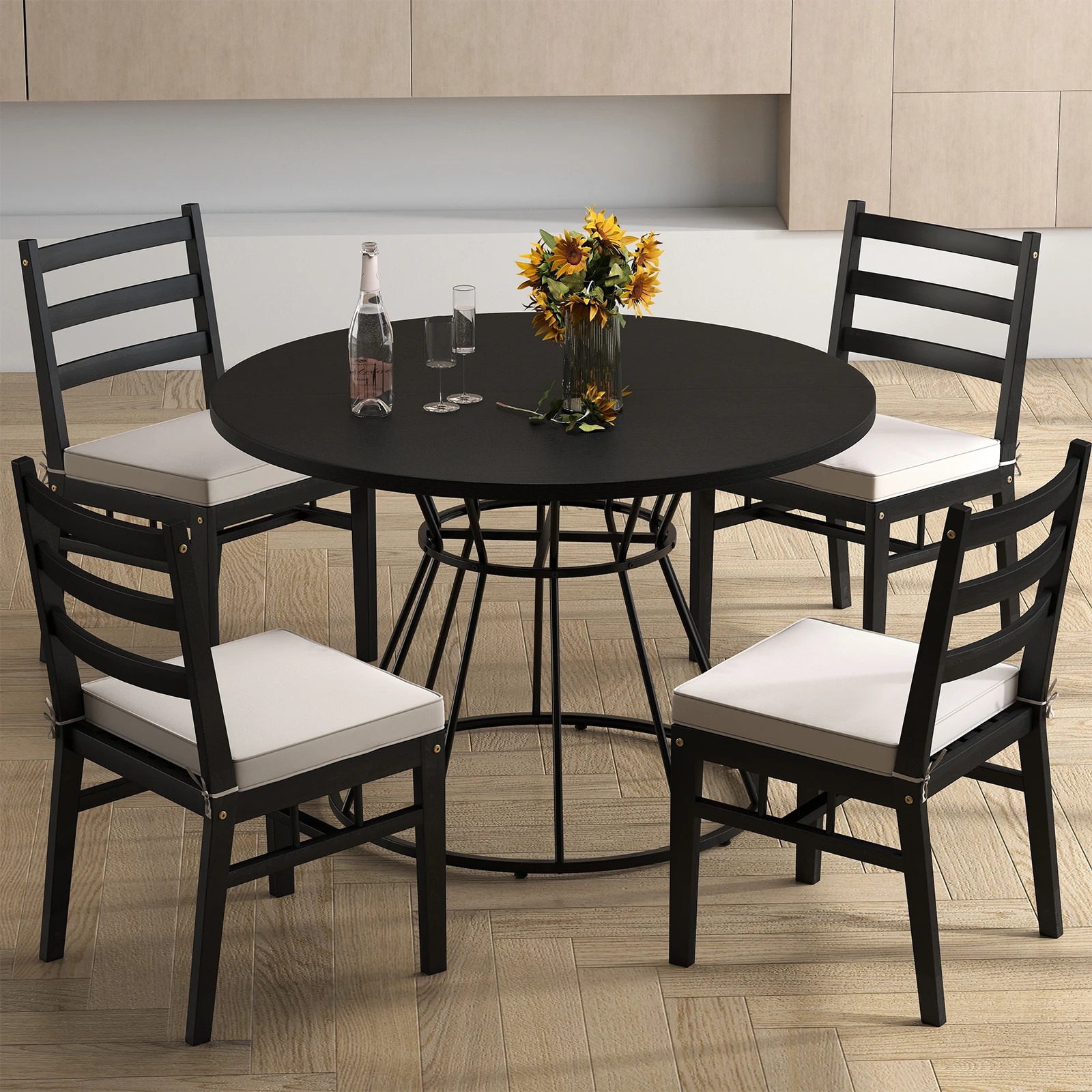 3 Costway 118cm Round Dining Table Wooden Tabletop Kitchen Table - Black, 3 of 4
