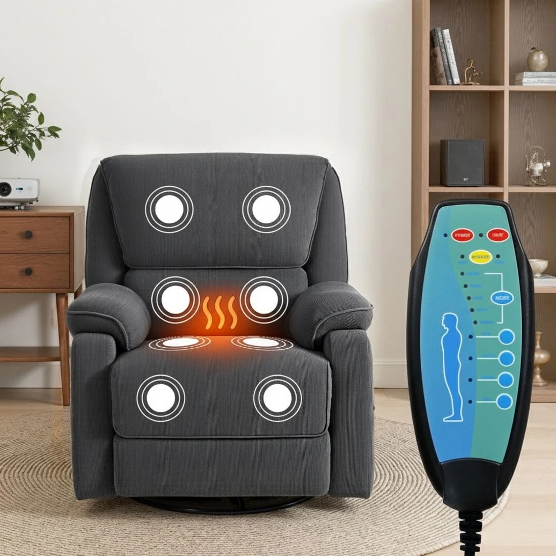 4 Artiss Rocking Recliner Chair 360 Swivel Massage Heated Reclining Chairs - Grey, 4 of 8