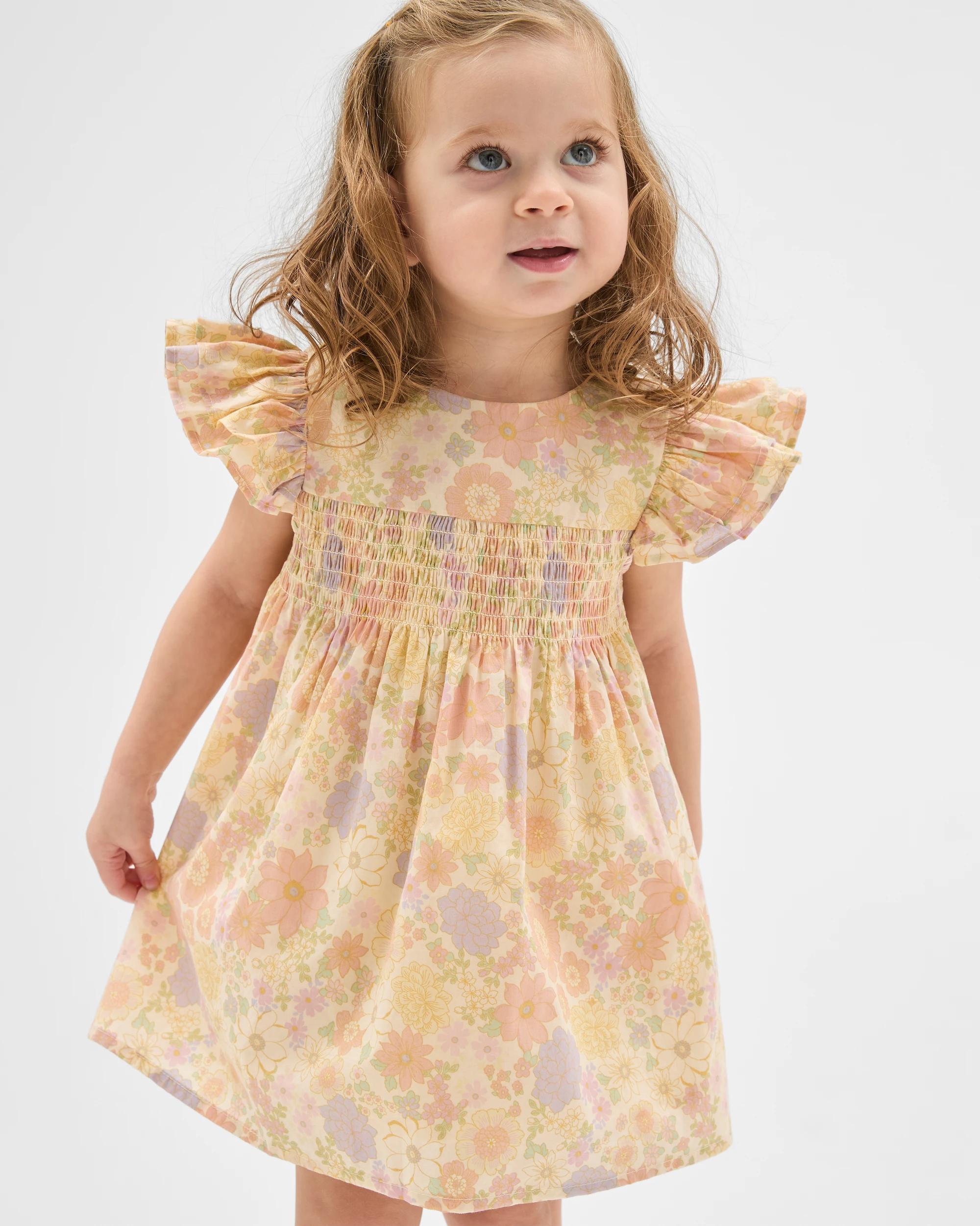 3 Target Baby Cotton Short Sleeve Shirred Woven Dress FLORAL LEMON ICING, 3 of 5