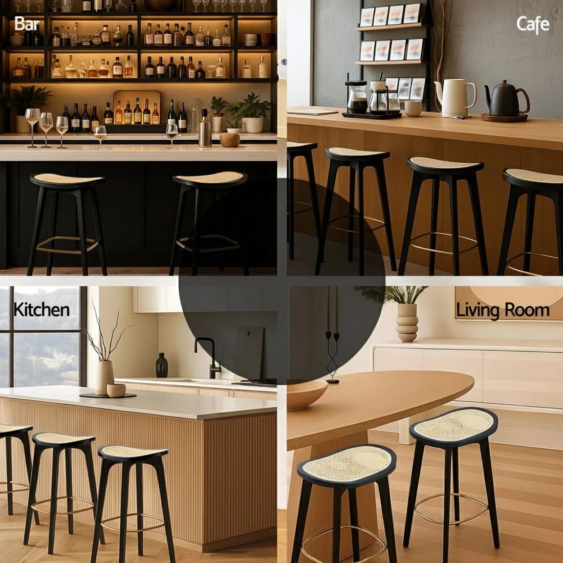 7 Artiss 2x Bar Stools Rattan Counter Kitchen Dinning Chair Bamboo Saddle - Black, 7 of 7