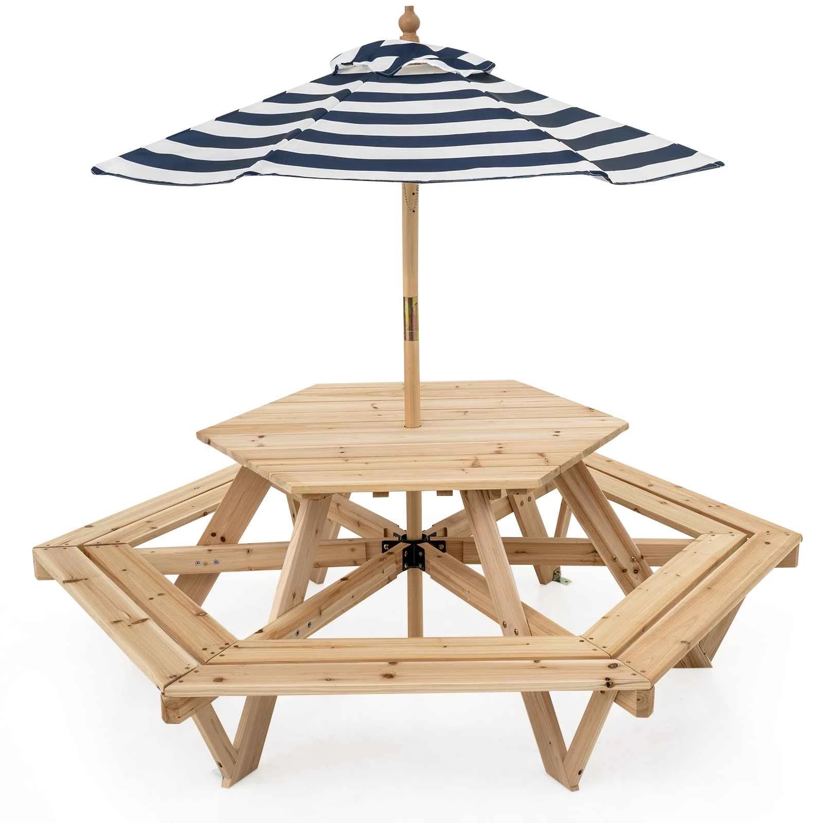 1 Costway Picnic Table Activity Chairs Set Removable Umbrella Solid Wood Outdoor Table Bench, 1 of 3