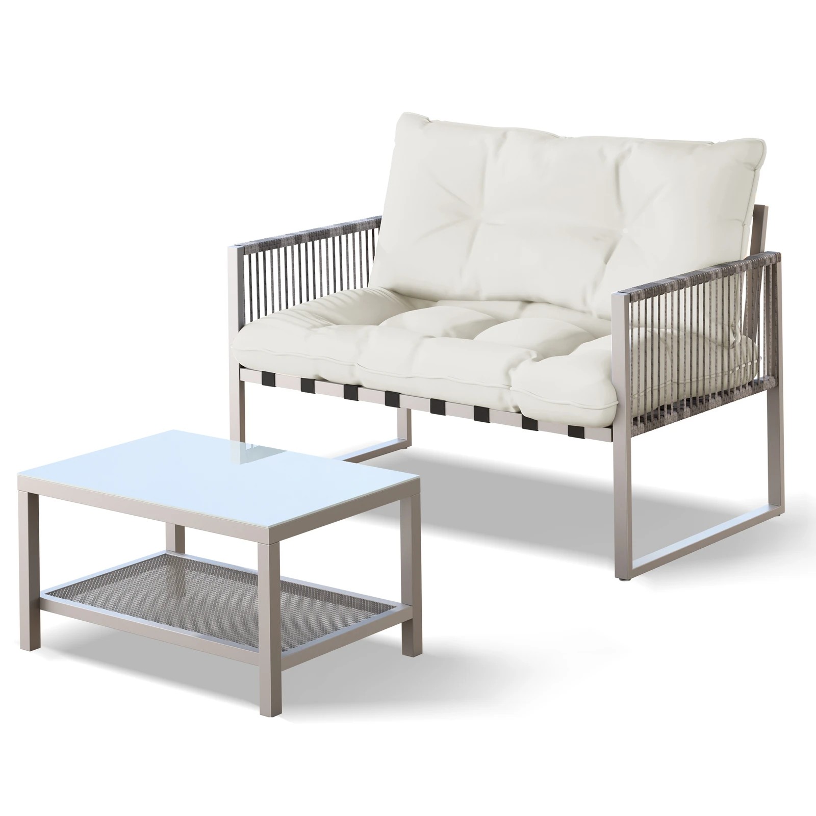 1 Alfordson 2PCS Outdoor Lounge Sofa Set Wicker Furniture Table and Chairs Garden - Beige, 1 of 8