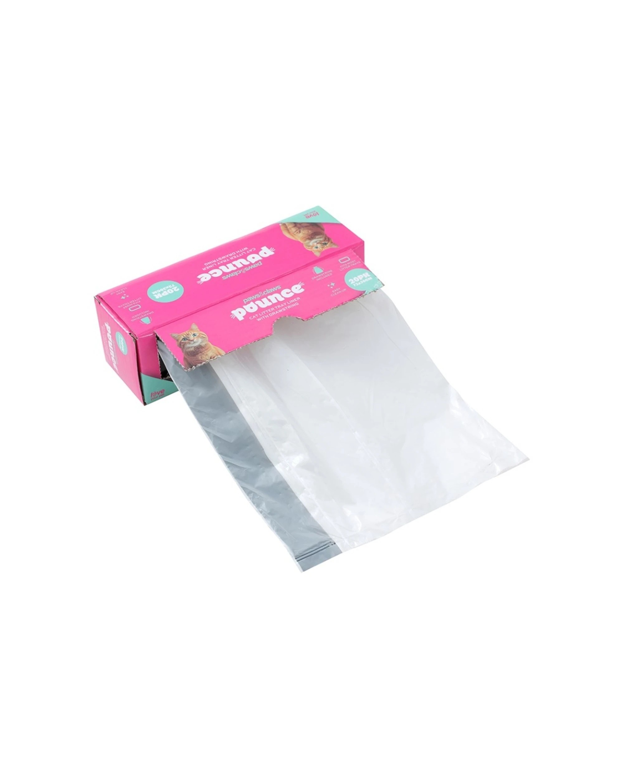 2 Paws & Claws 6x 20pc Pounce Pet Cat Litter Tray Liner Drawstring 72x30cm - Clear, 2 of 5