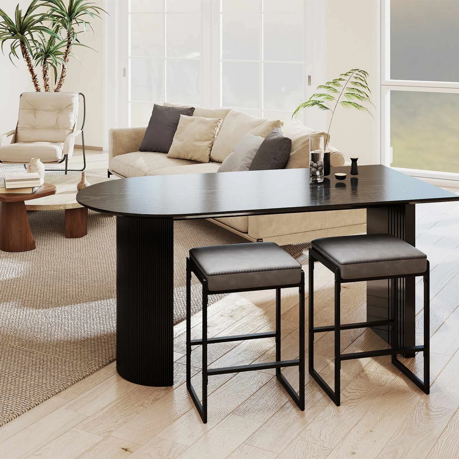 3 Costway 2x Bar Stool Counter Height Barstool Footrest Leather Seat Metal Kitchen Dining Chair - Grey, 3 of 4