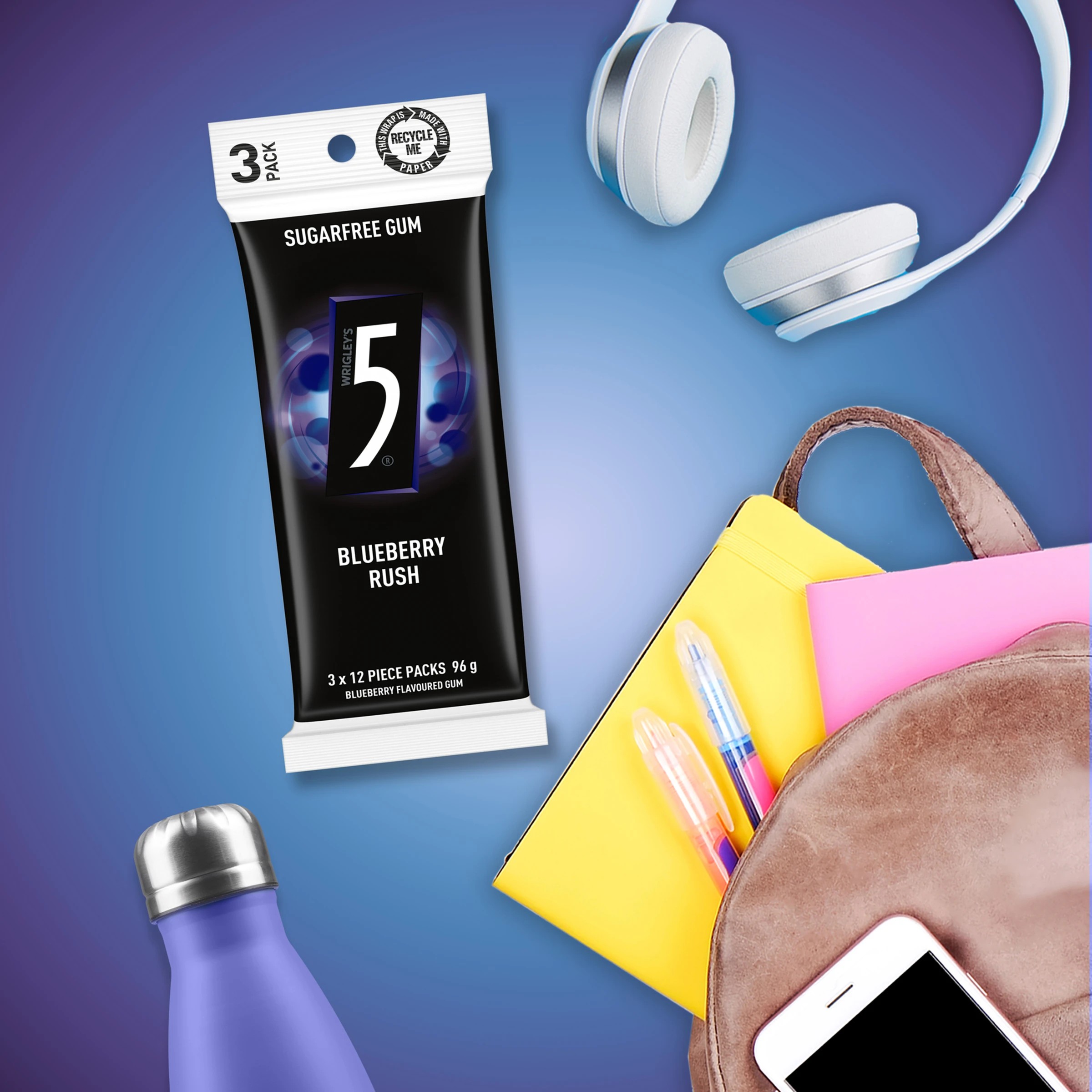 4 Wrigley's 3 Pack 5 Blueberry Rush Sugarfree Gum 96g, 4 of 4