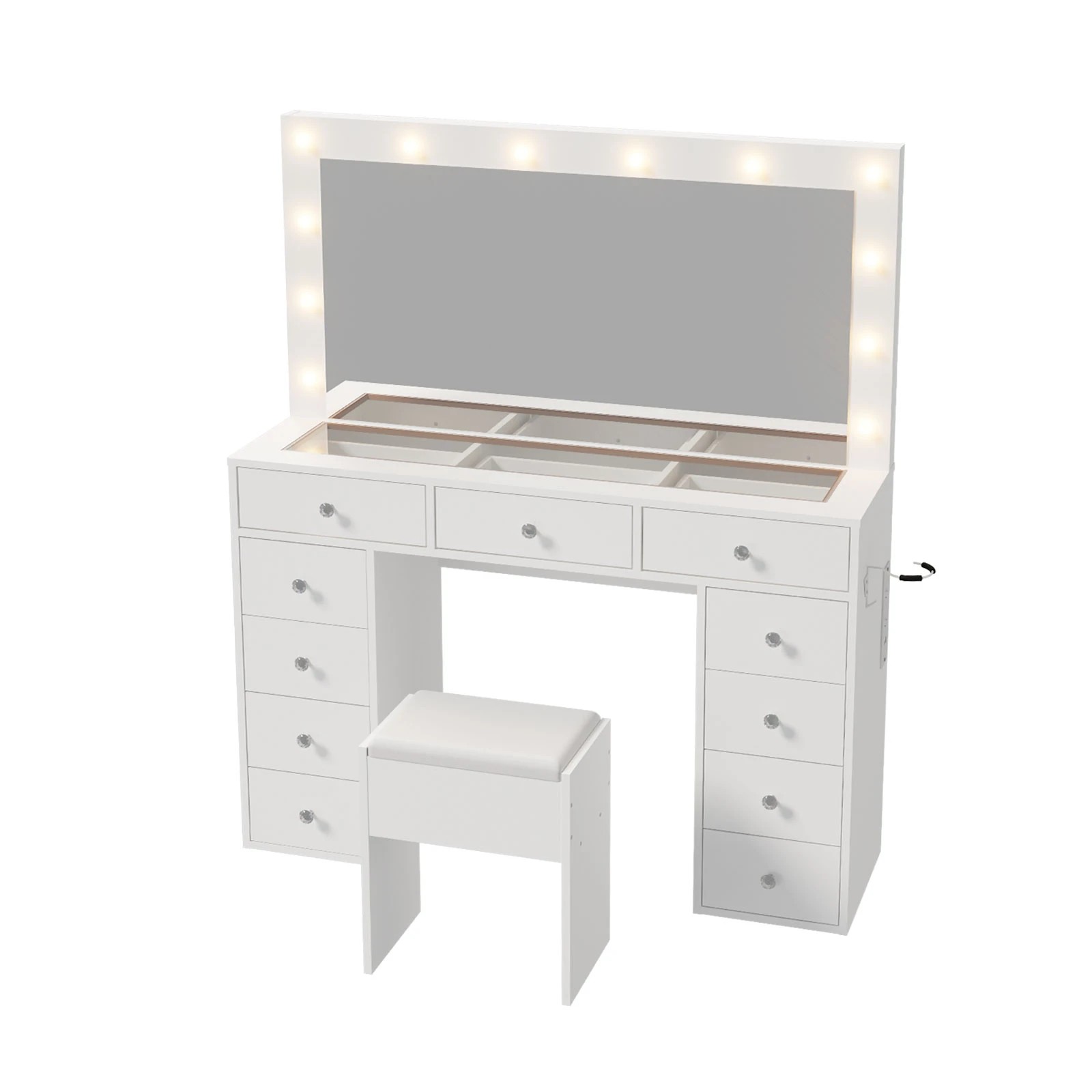 Oikiture Dressing Table Set LED Lights Glass Tabletop 11 Drawers ...