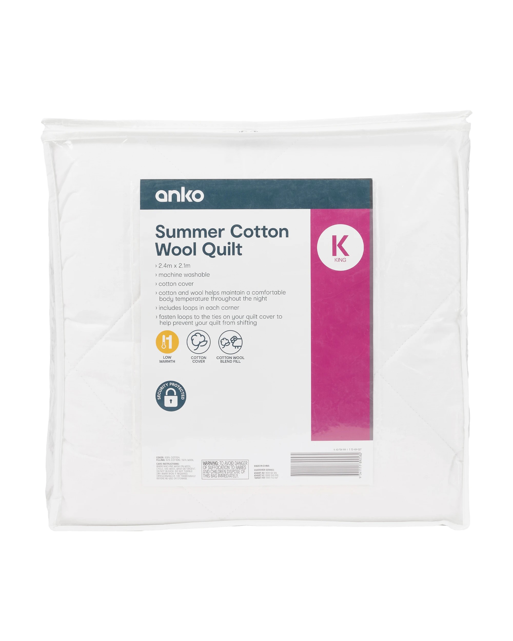1 Low Warmth Summer Cotton Wool Quilt - King Bed, White, 1 of 4