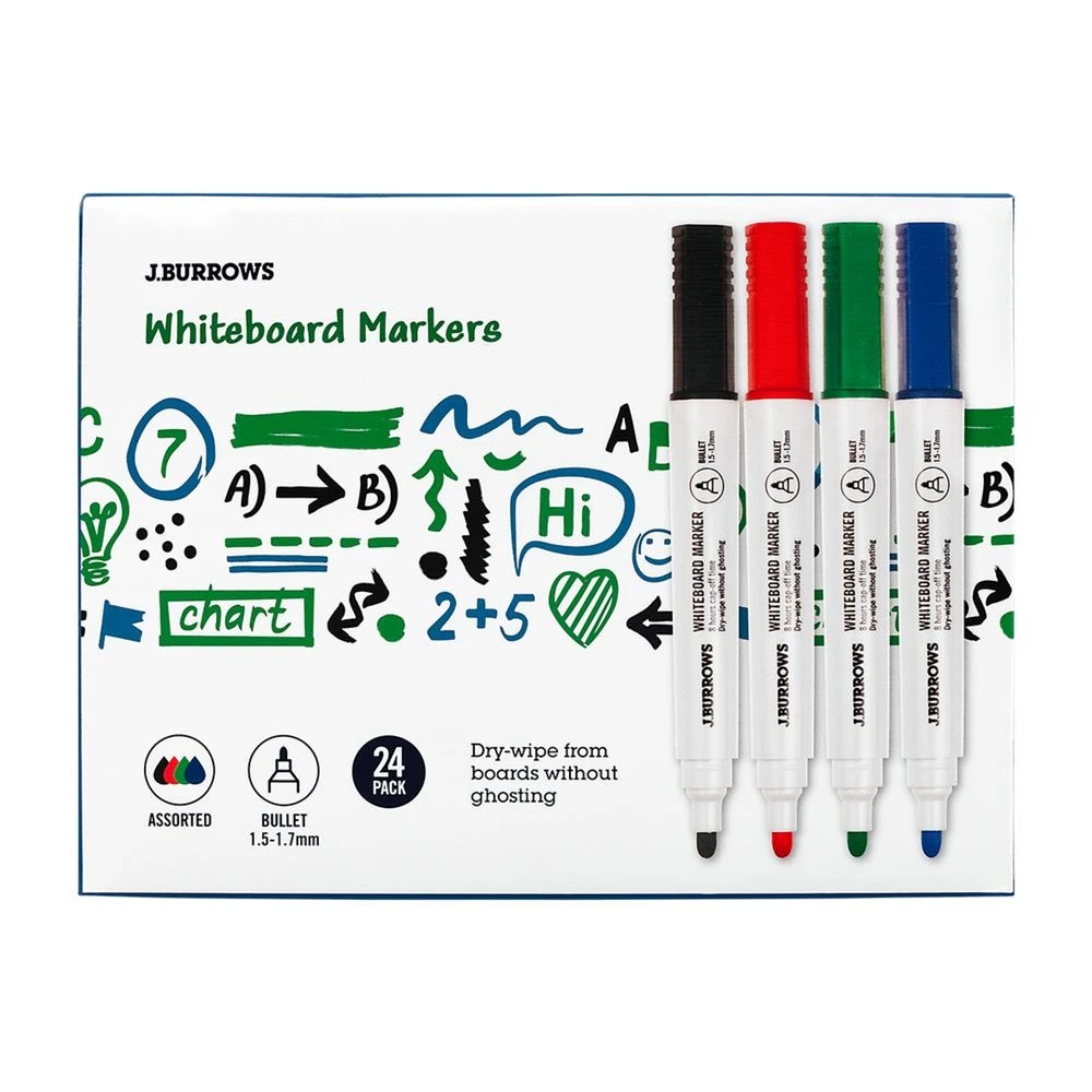 1 J.Burrows Whiteboard Markers Bullet Assorted 24 Pack, 1 of 4