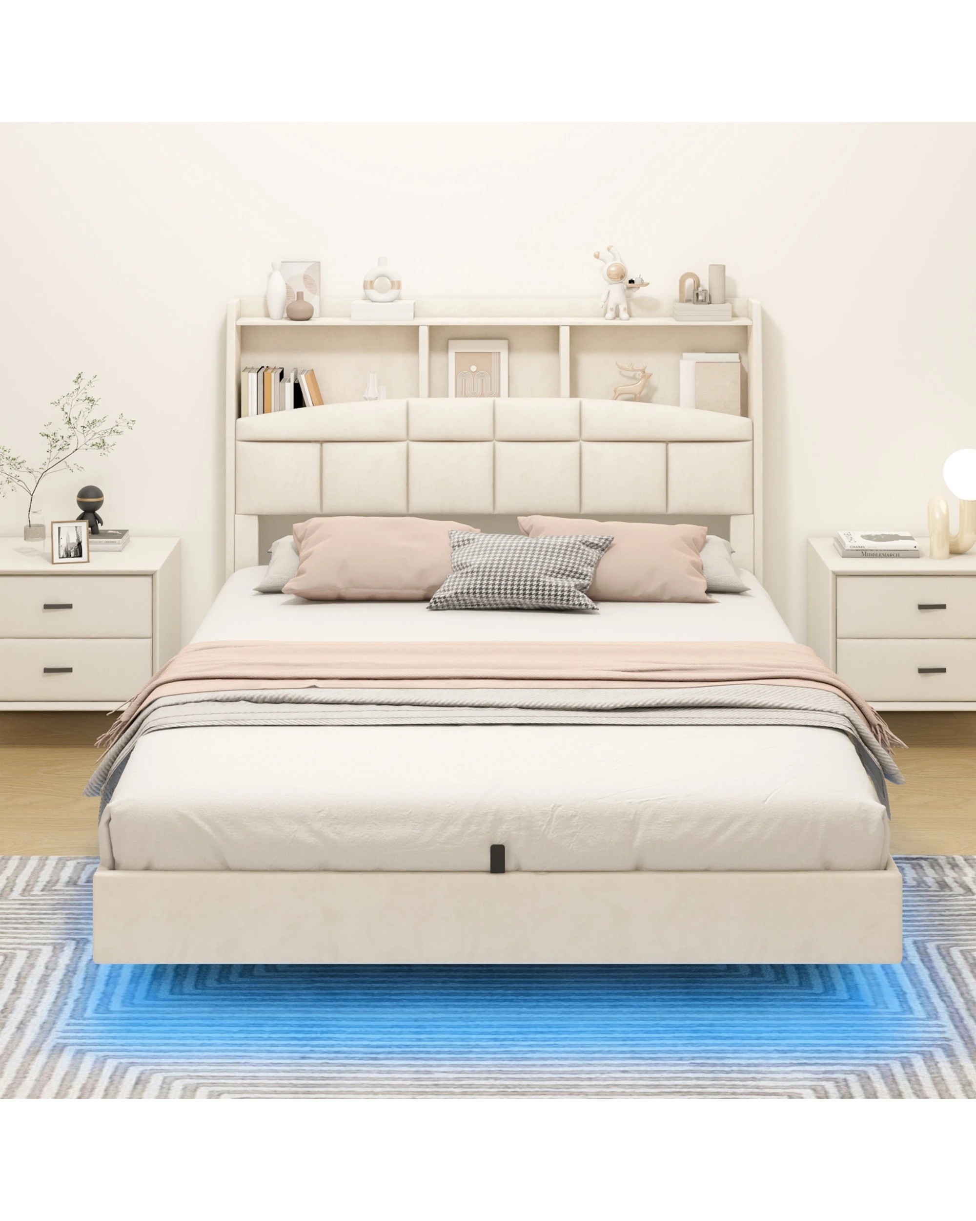 2 Advwin Queen Velvet Floating Bed Frame with LED Lights and Charging Station - Beige, 2 of 7
