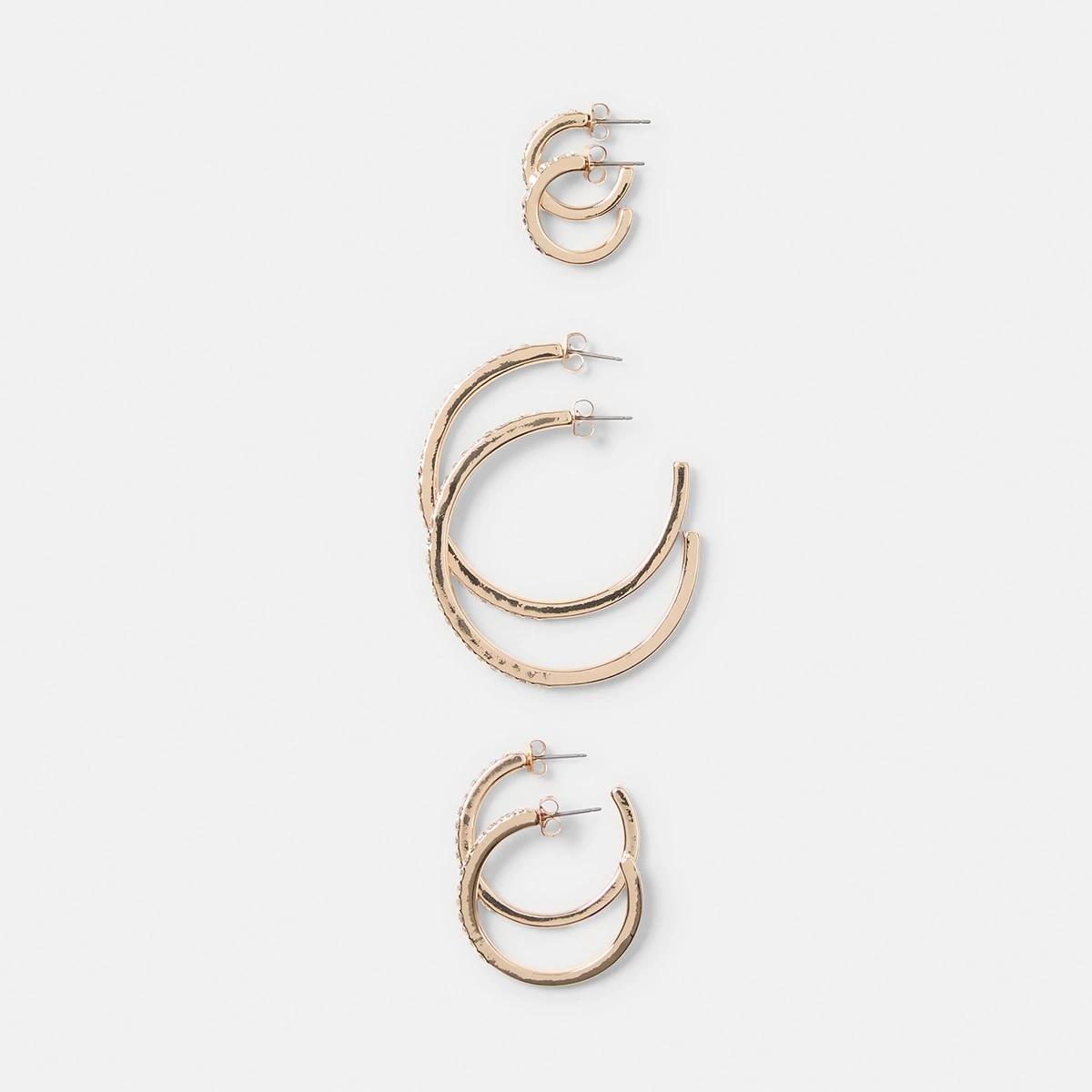 1 3 Pack Diamante Hoop Earrings - Silver Tone Gold, 1 of 5
